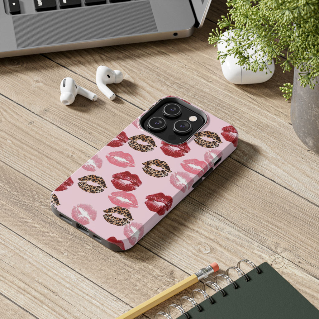 Kiss Print Tough Phone Case — Pink Leopard Lip Pattern, Durable Protective Cover