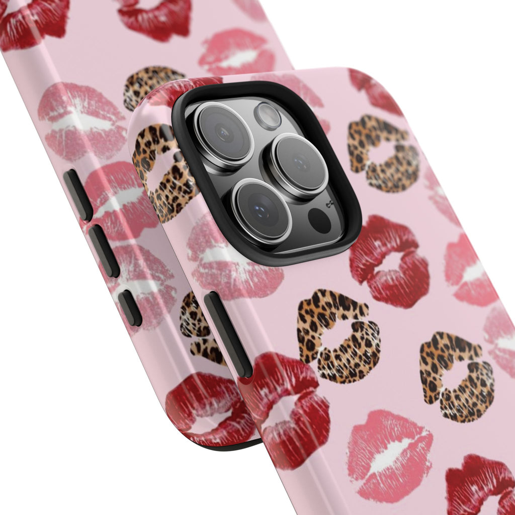 Kiss Print Tough Phone Case — Pink Leopard Lip Pattern, Durable Protective Cover