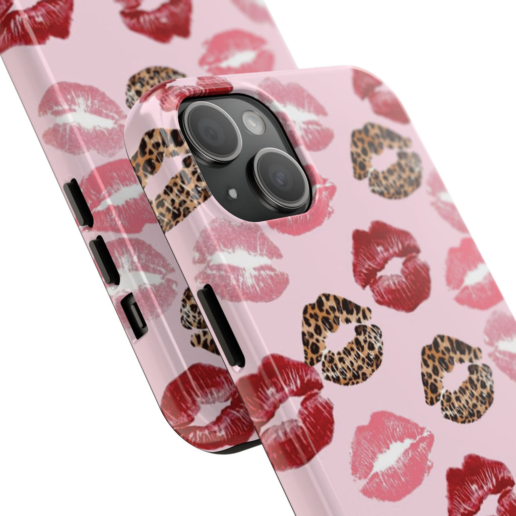 Kiss Print Tough Phone Case — Pink Leopard Lip Pattern, Durable Protective Cover