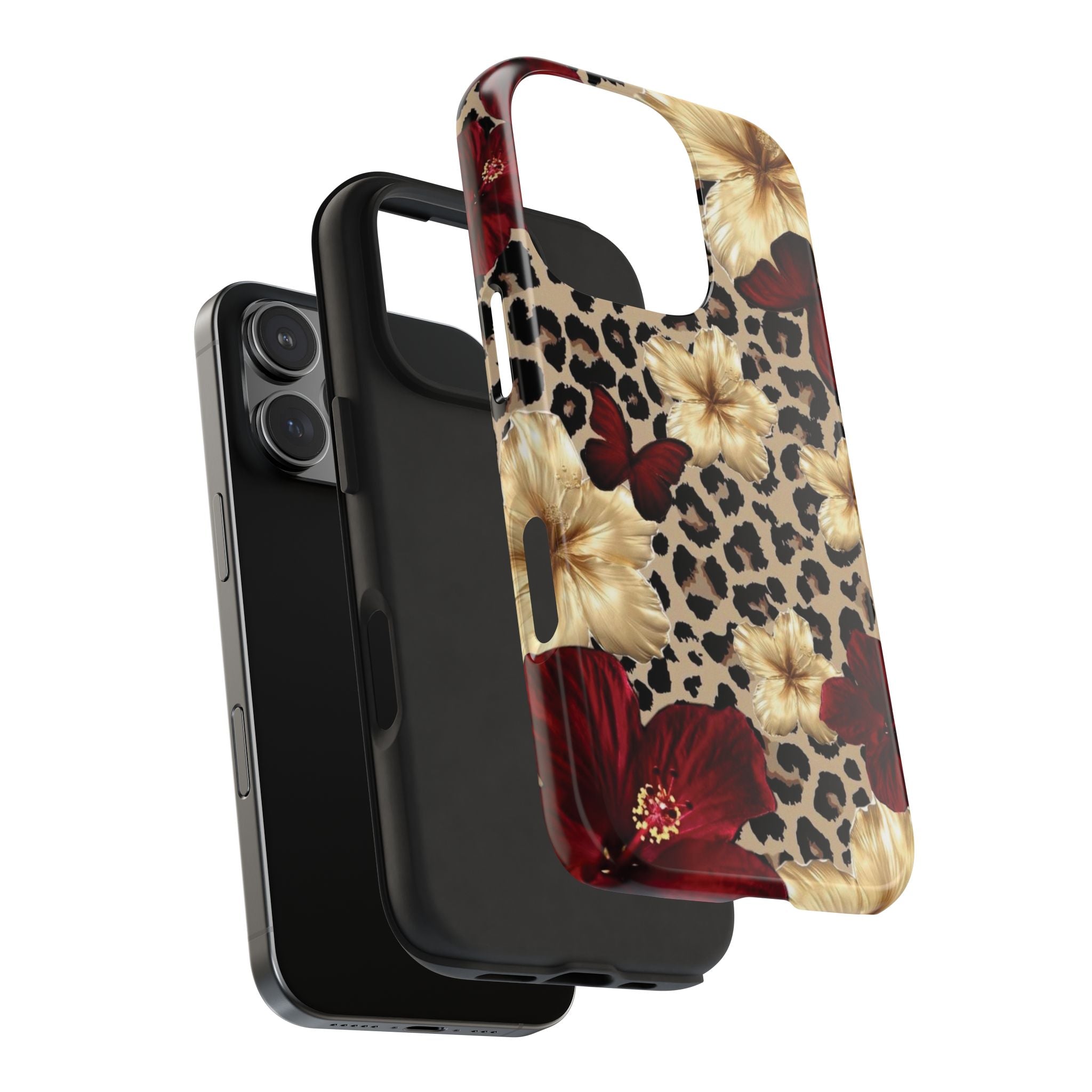 Floral Leopard Tough Phone Case — Red & Gold Hibiscus Protective Phone Cover