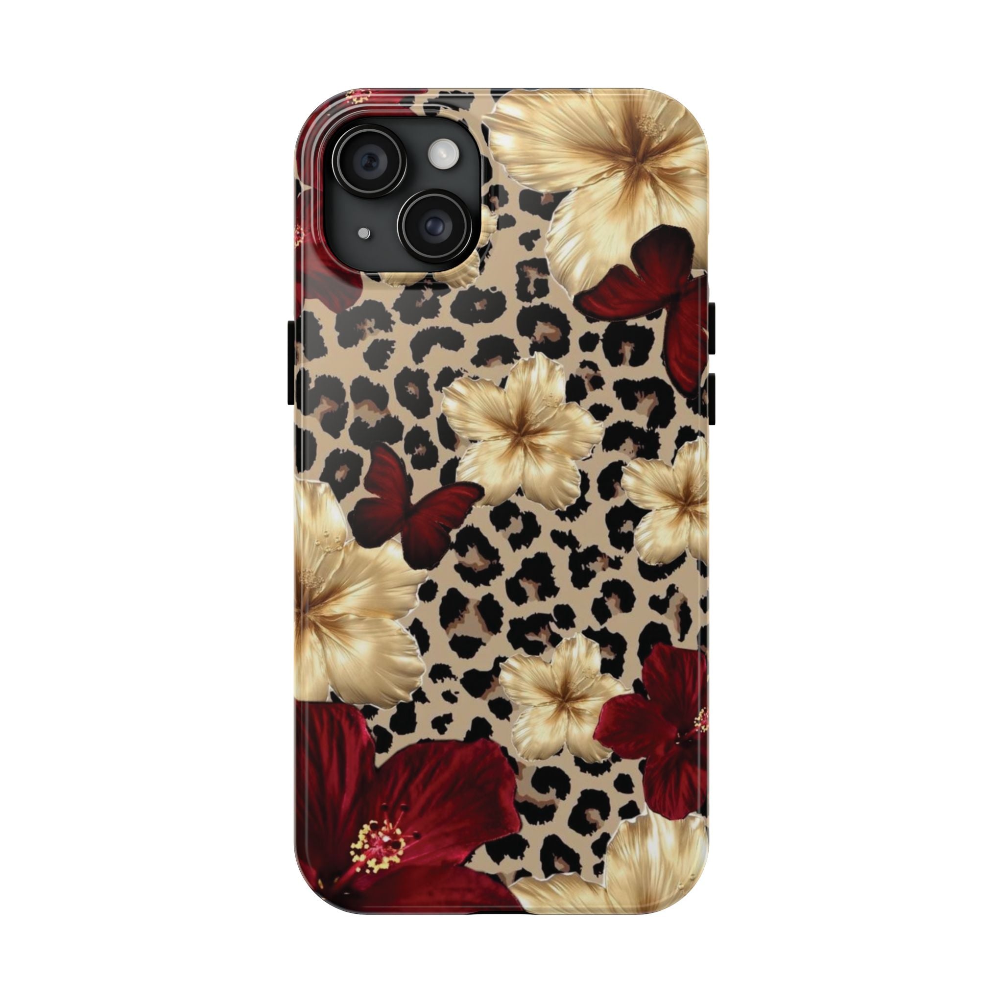 Floral Leopard Tough Phone Case — Red & Gold Hibiscus Protective Phone Cover