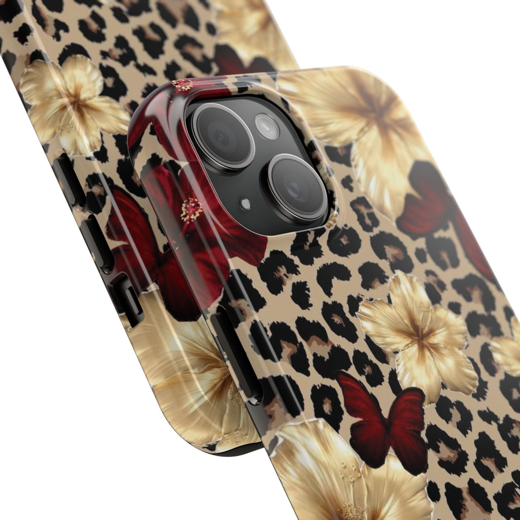 Floral Leopard Tough Phone Case — Red & Gold Hibiscus Protective Phone Cover
