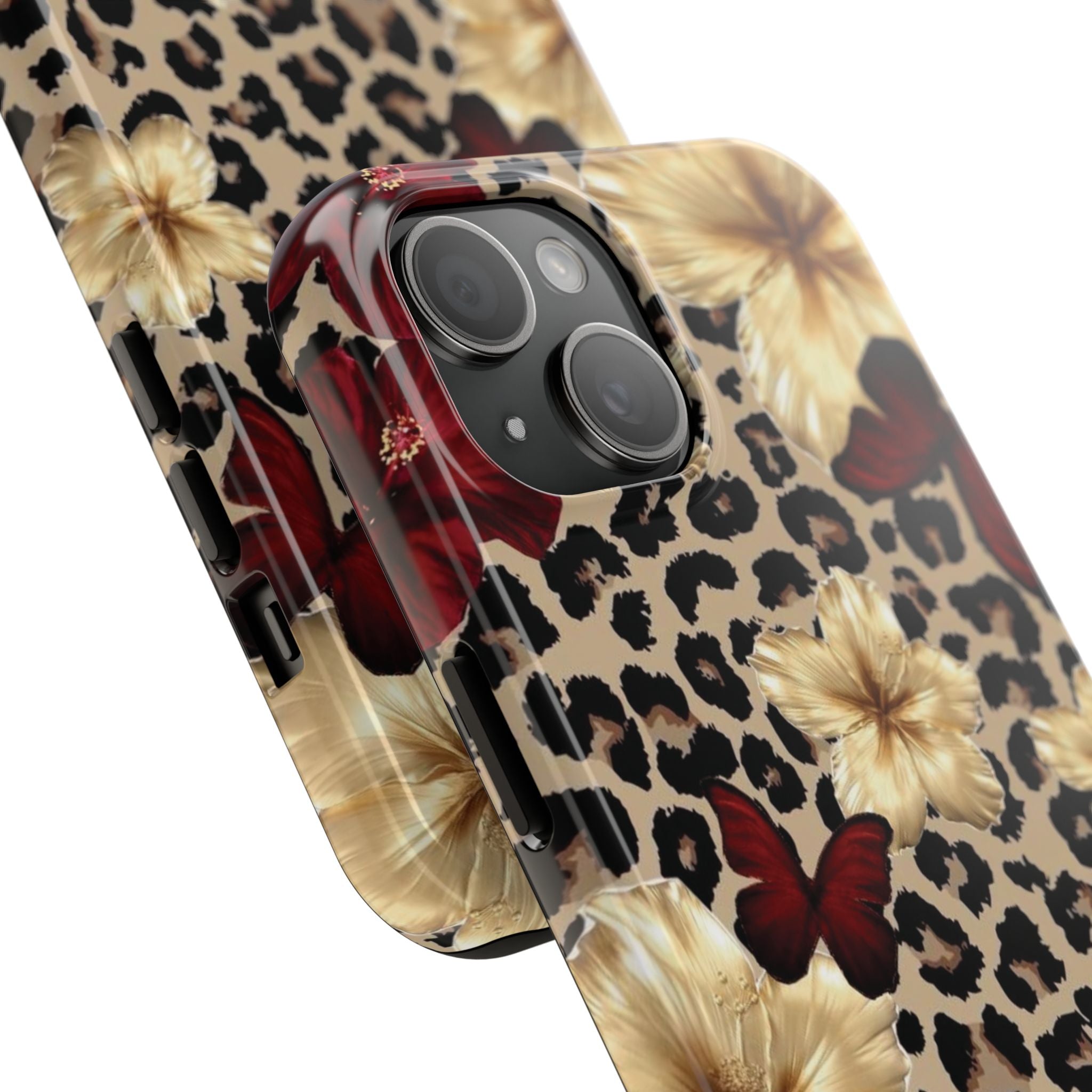 Floral Leopard Tough Phone Case — Red & Gold Hibiscus Protective Phone Cover