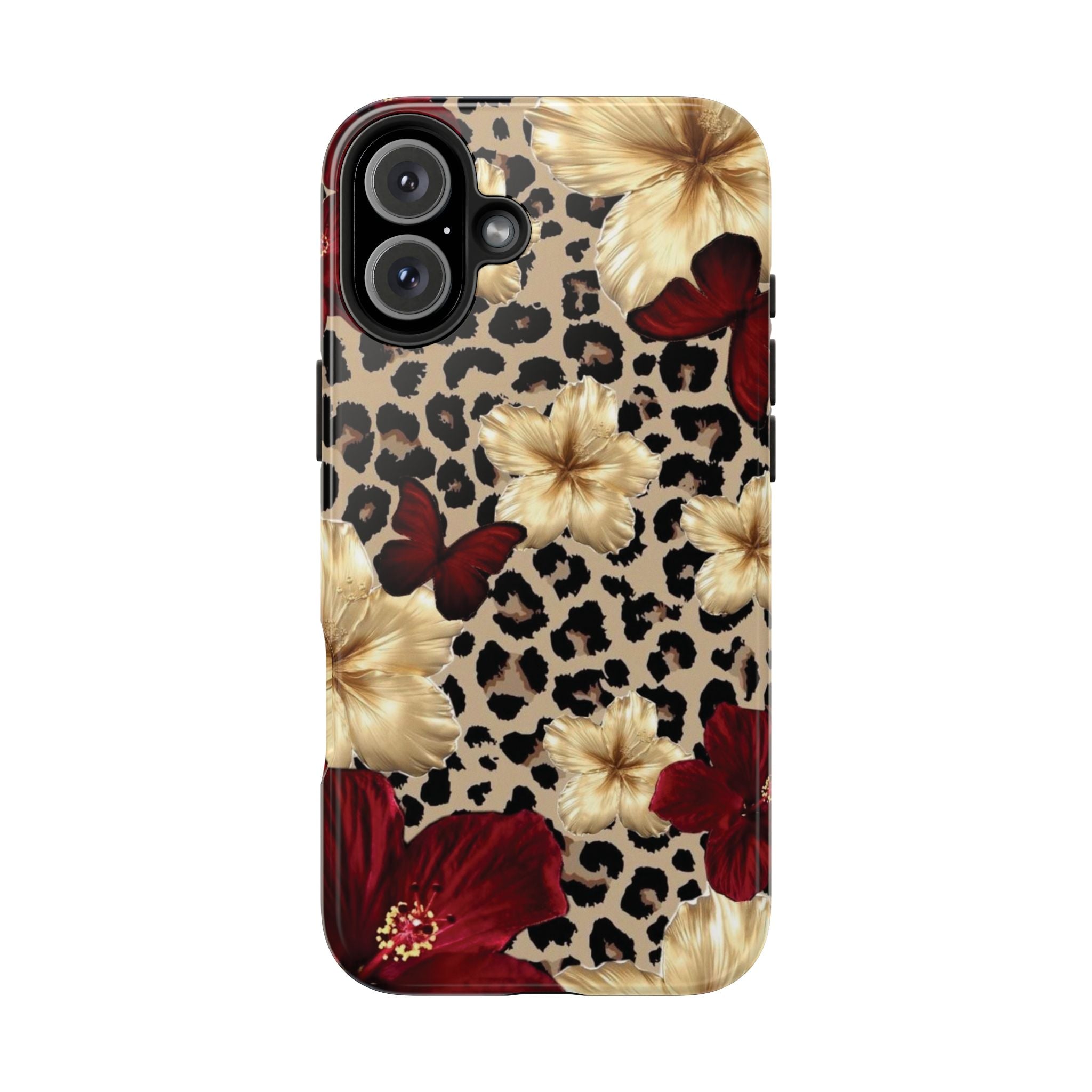 Floral Leopard Tough Phone Case — Red & Gold Hibiscus Protective Phone Cover