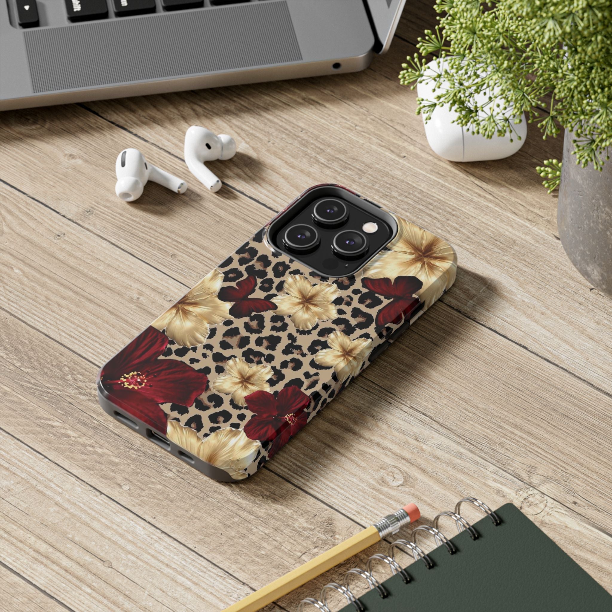 Floral Leopard Tough Phone Case — Red & Gold Hibiscus Protective Phone Cover
