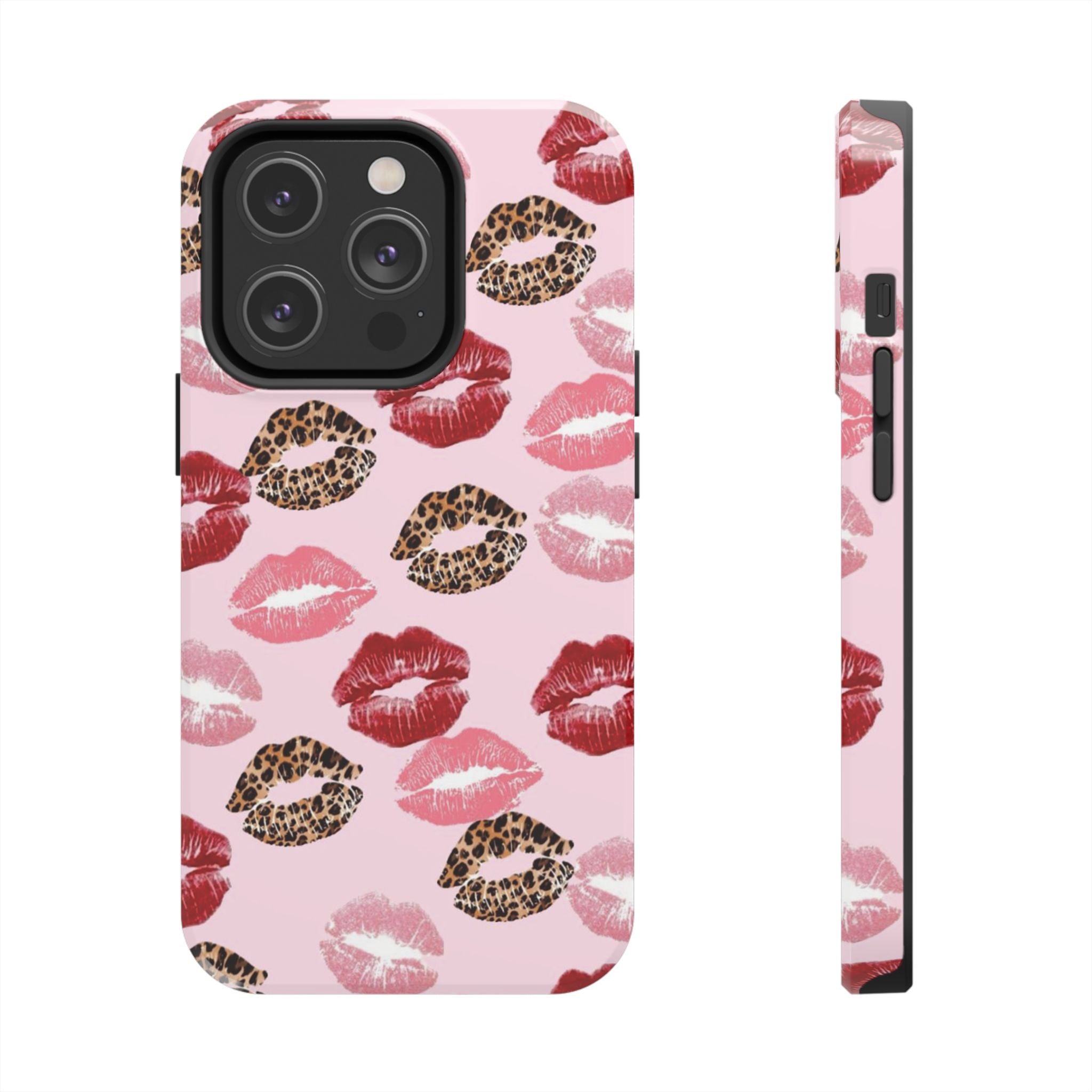Kiss Print Tough Phone Case — Pink Leopard Lip Pattern, Durable Protective Cover