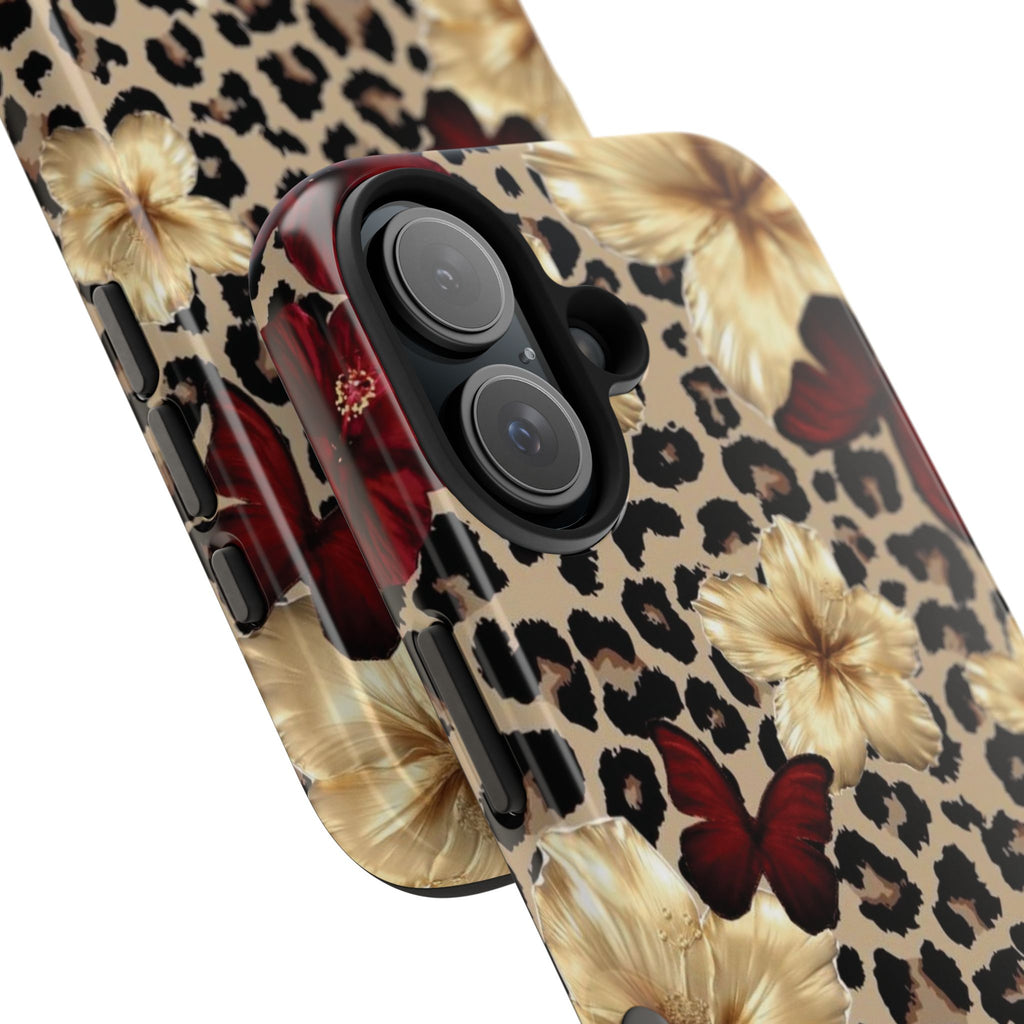 Floral Leopard Tough Phone Case — Red & Gold Hibiscus Protective Phone Cover