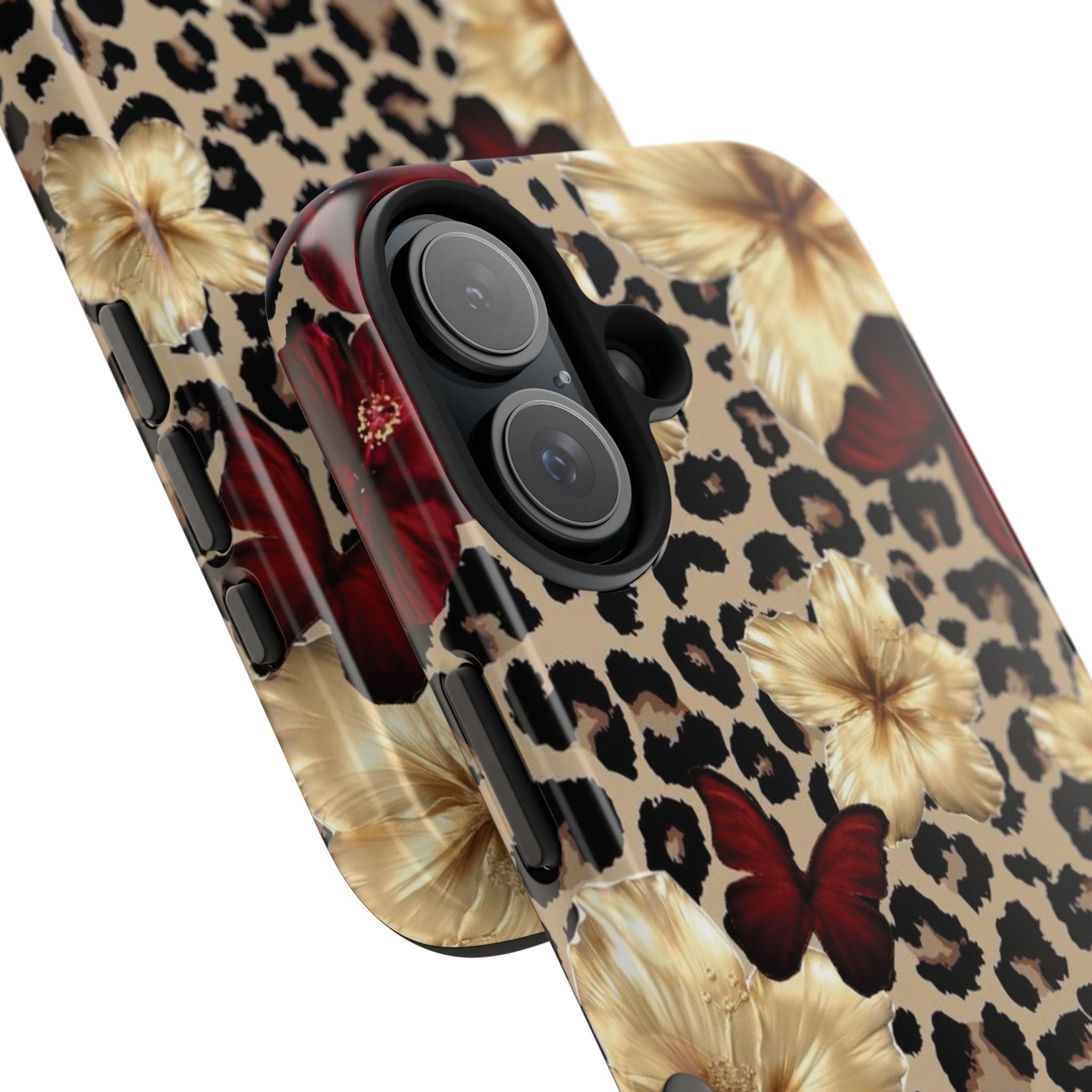 Floral Leopard Tough Phone Case — Red & Gold Hibiscus Protective Phone Cover