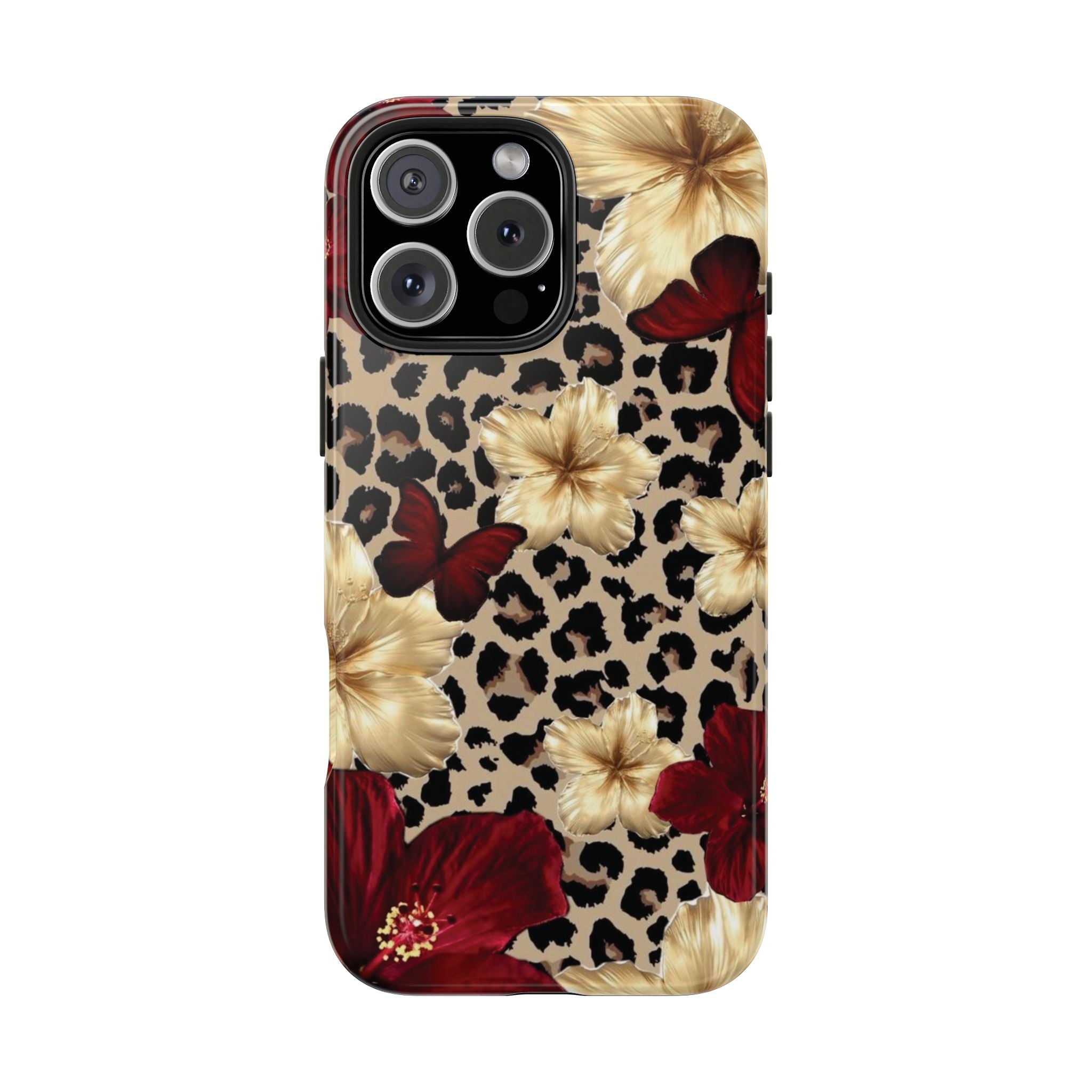 Floral Leopard Tough Phone Case — Red & Gold Hibiscus Protective Phone Cover