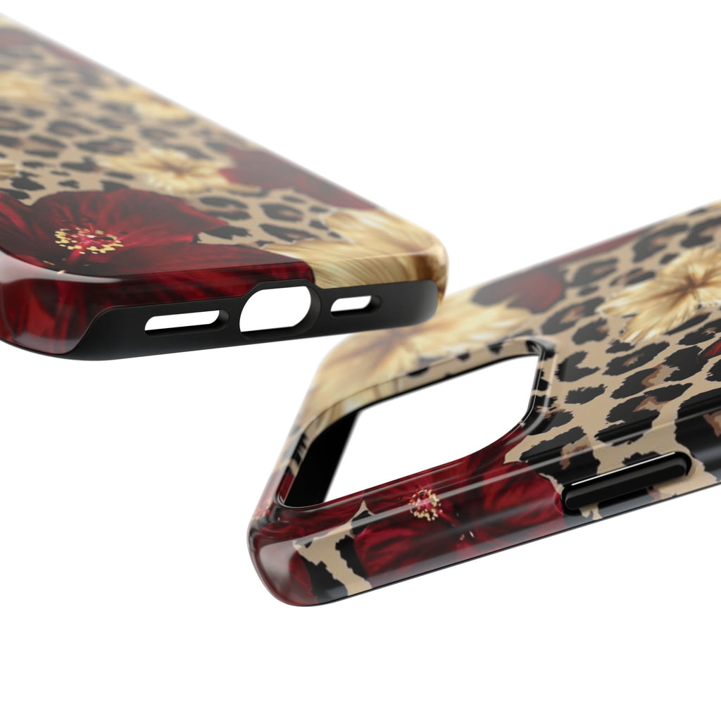 Floral Leopard Tough Phone Case — Red & Gold Hibiscus Protective Phone Cover