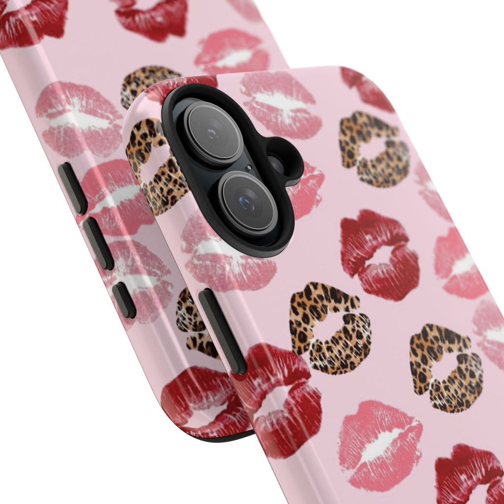 Kiss Print Tough Phone Case — Pink Leopard Lip Pattern, Durable Protective Cover