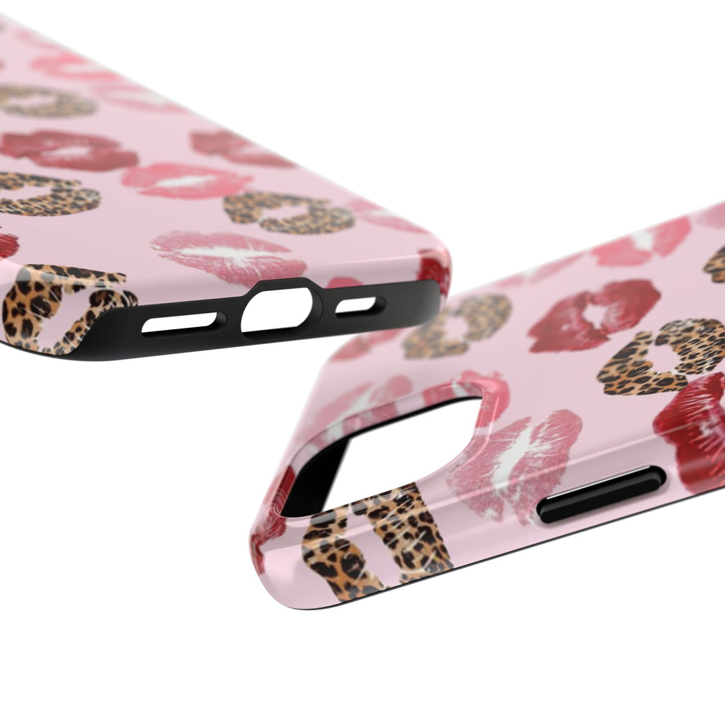 Kiss Print Tough Phone Case — Pink Leopard Lip Pattern, Durable Protective Cover