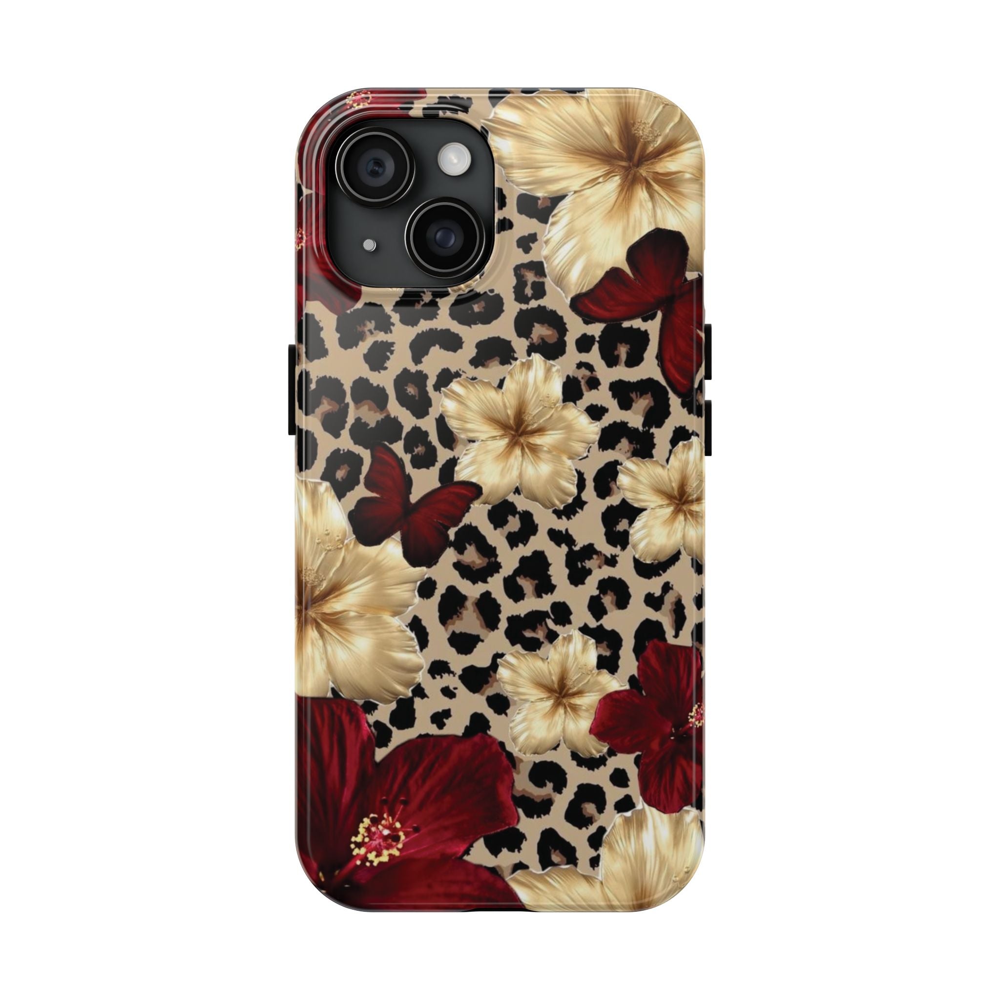 Floral Leopard Tough Phone Case — Red & Gold Hibiscus Protective Phone Cover