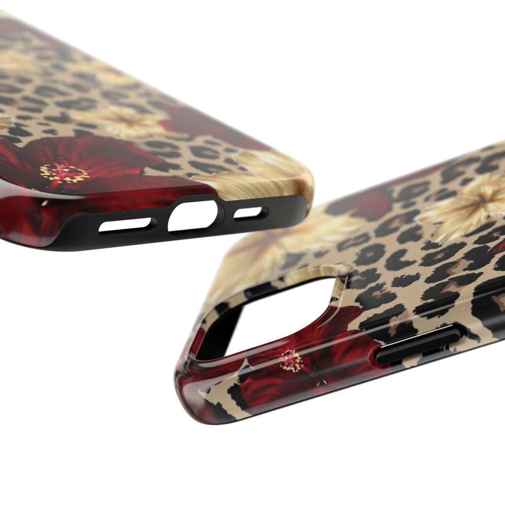 Floral Leopard Tough Phone Case — Red & Gold Hibiscus Protective Phone Cover