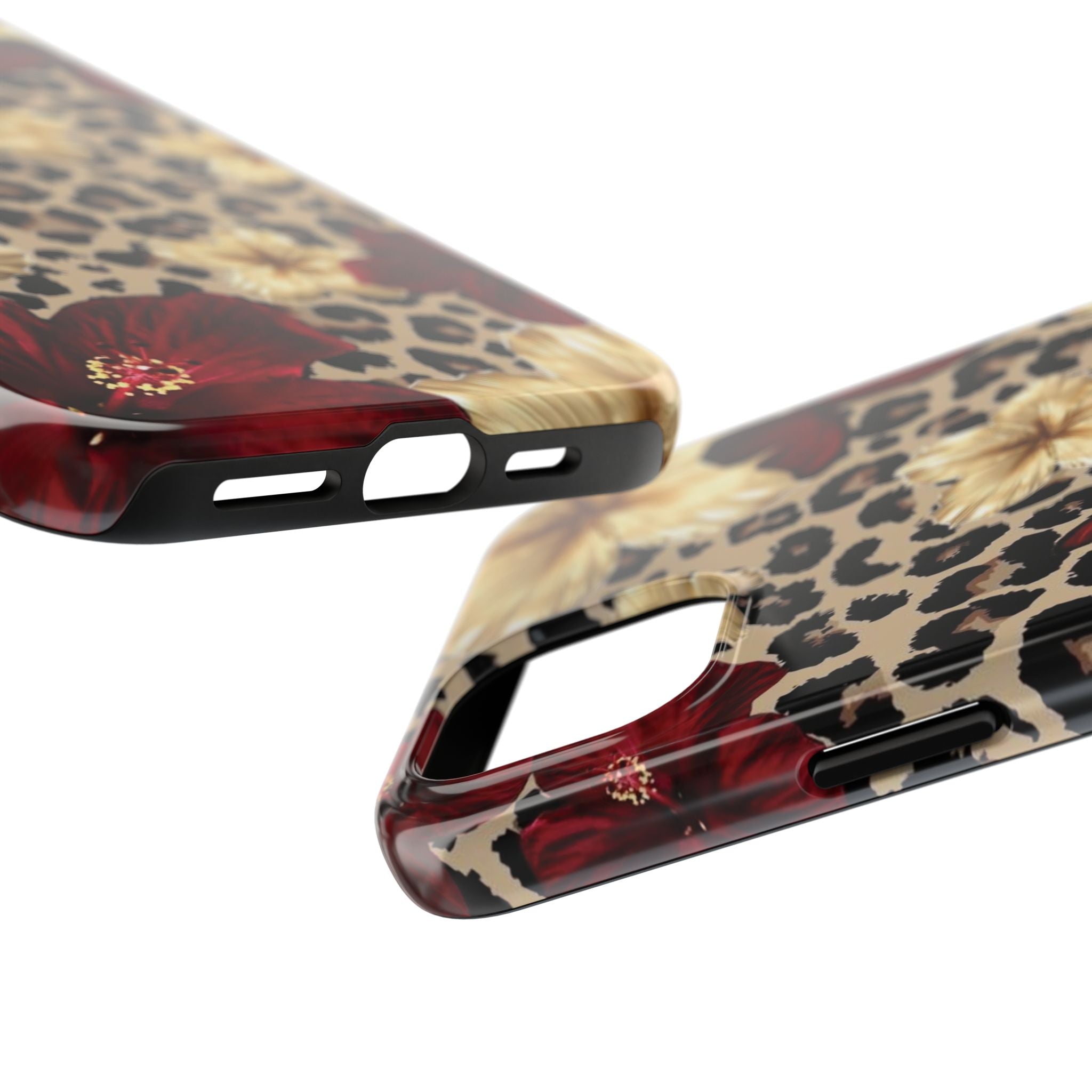 Floral Leopard Tough Phone Case — Red & Gold Hibiscus Protective Phone Cover