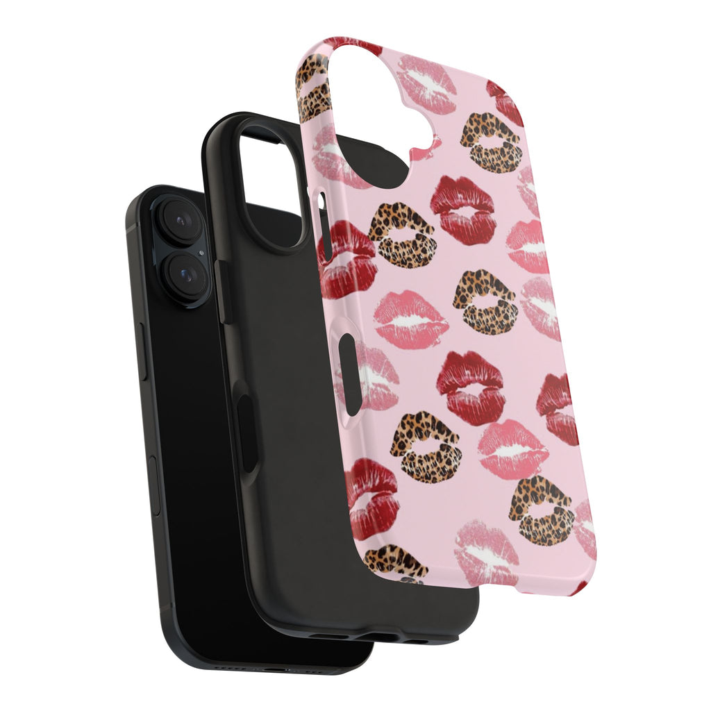 Kiss Print Tough Phone Case — Pink Leopard Lip Pattern, Durable Protective Cover