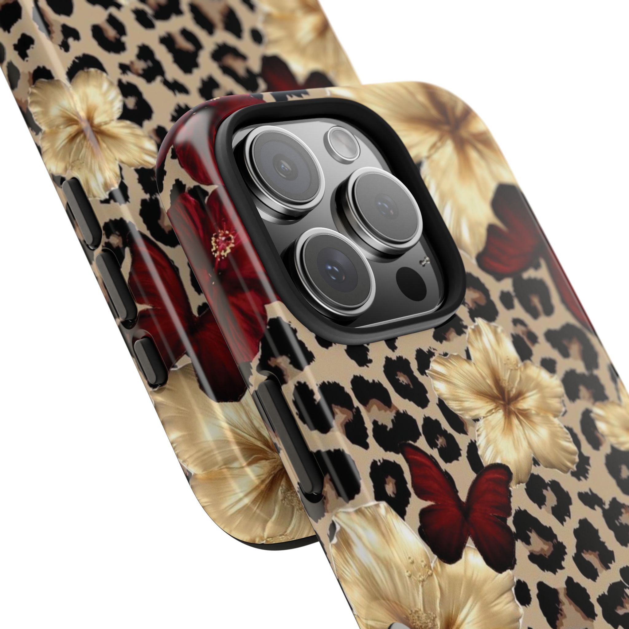 Floral Leopard Tough Phone Case — Red & Gold Hibiscus Protective Phone Cover