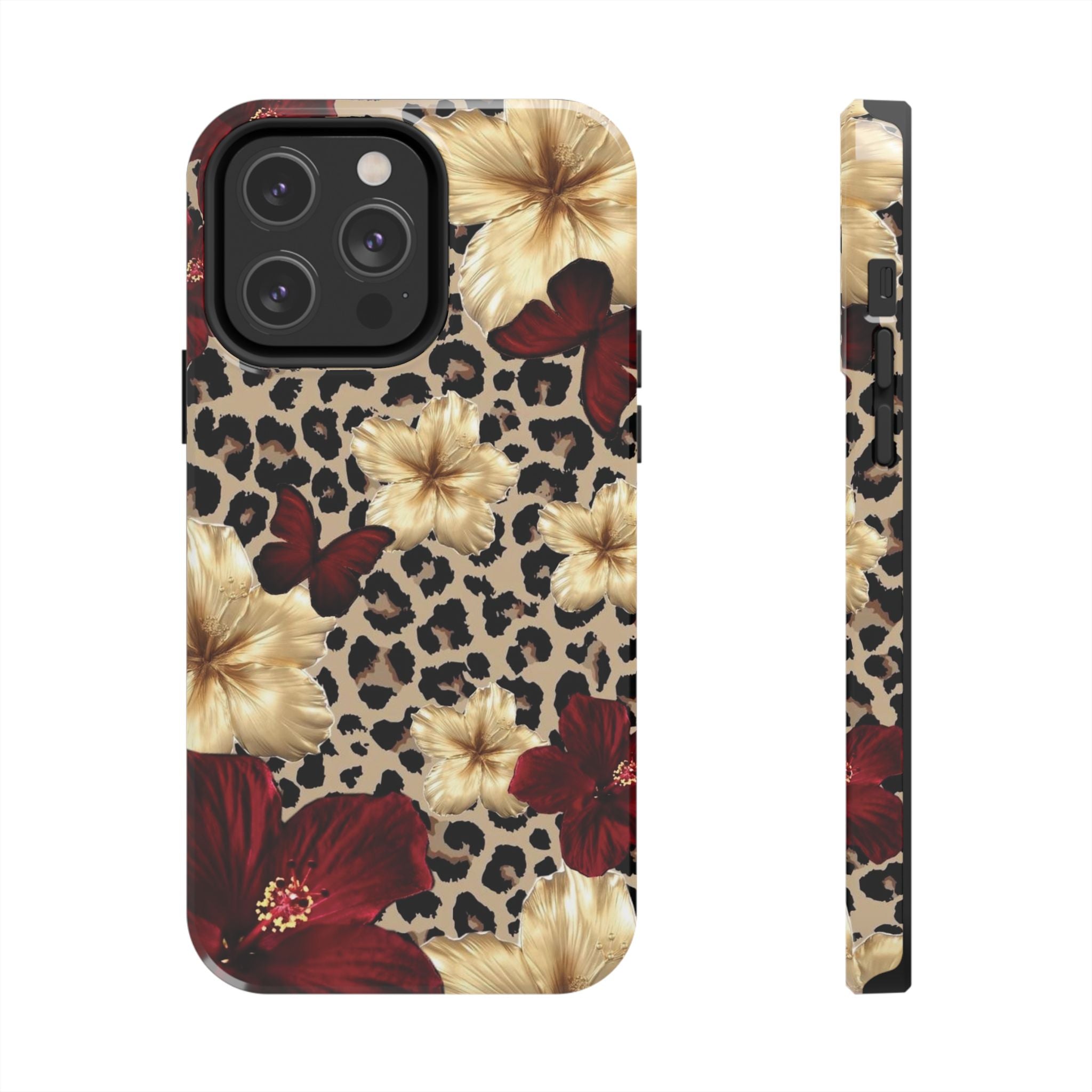 Floral Leopard Tough Phone Case — Red & Gold Hibiscus Protective Phone Cover