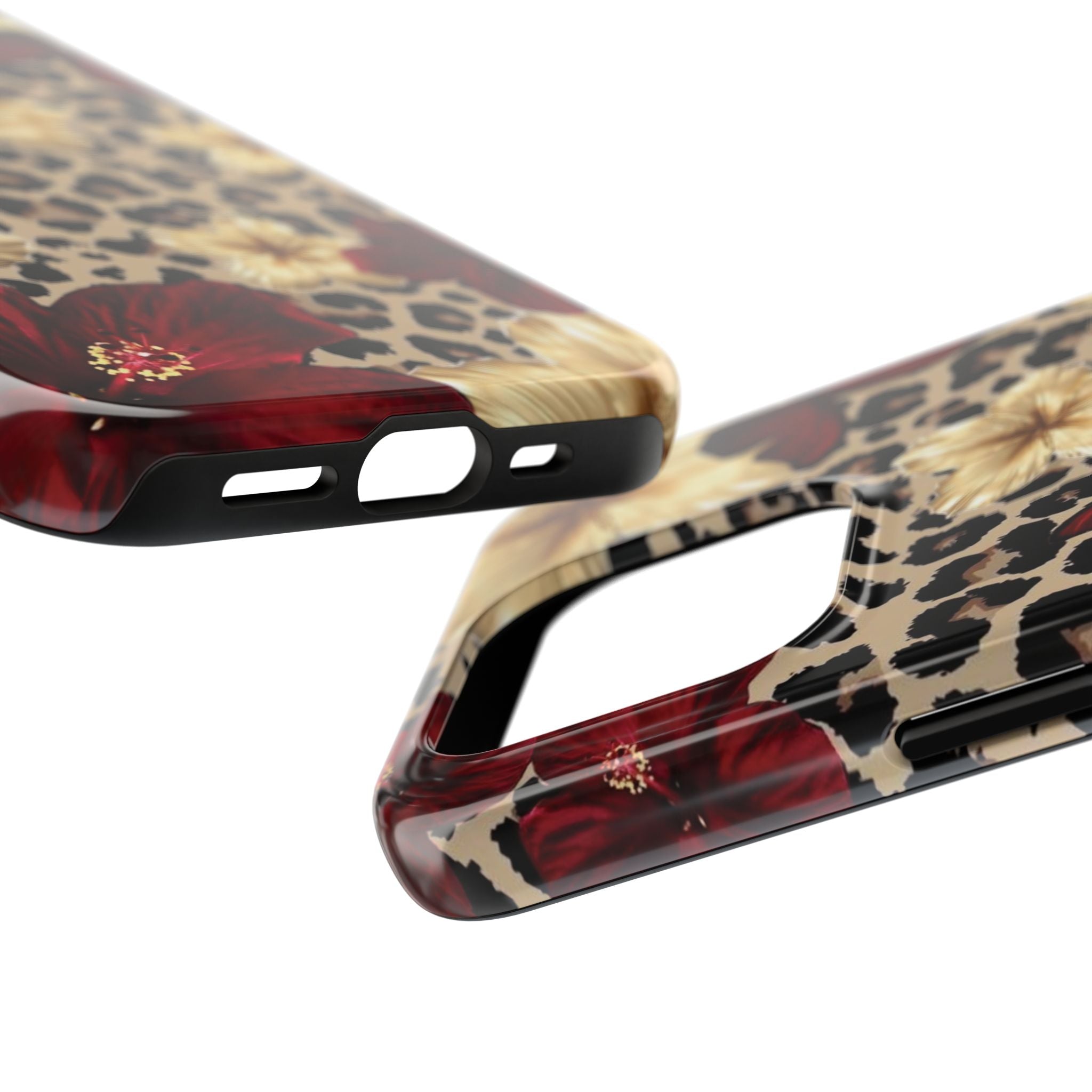 Floral Leopard Tough Phone Case — Red & Gold Hibiscus Protective Phone Cover