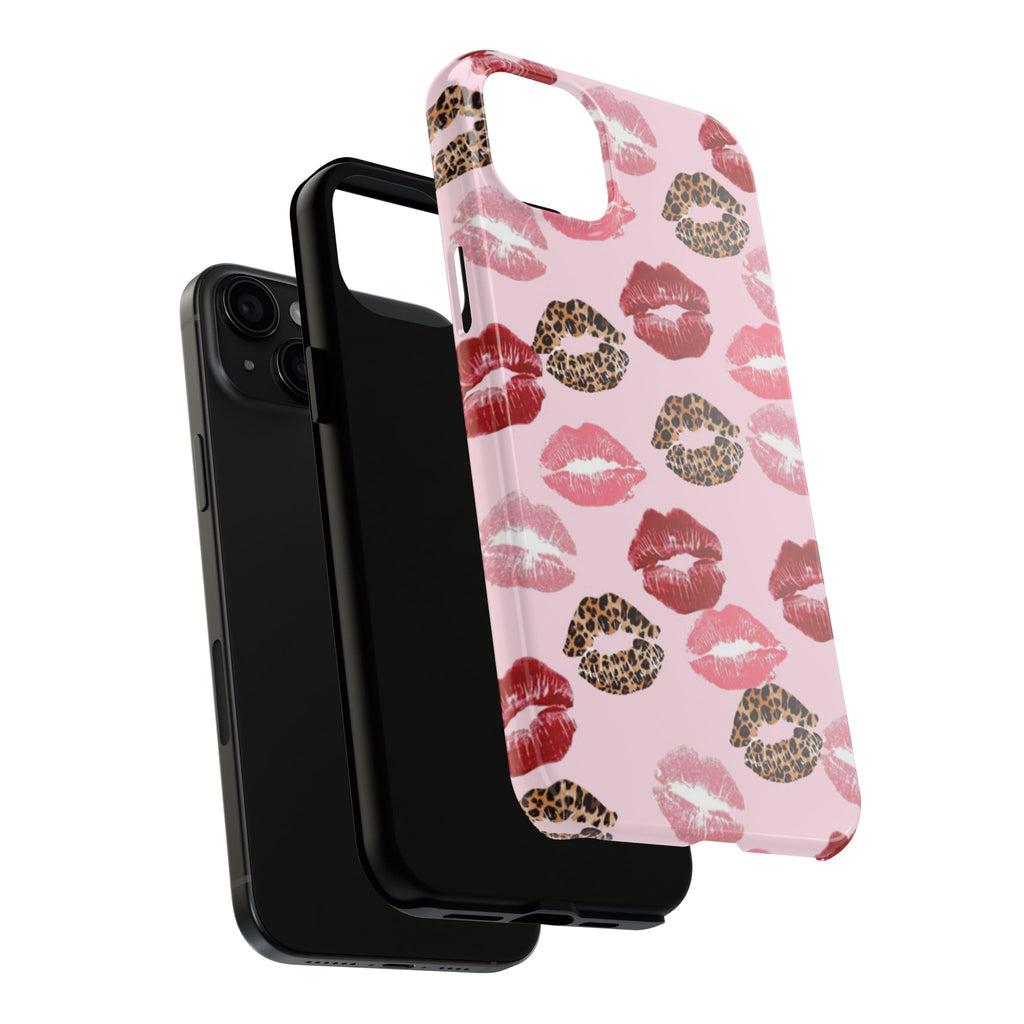Kiss Print Tough Phone Case — Pink Leopard Lip Pattern, Durable Protective Cover