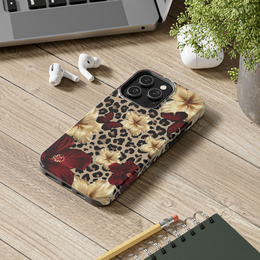 Floral Leopard Tough Phone Case — Red & Gold Hibiscus Protective Phone Cover