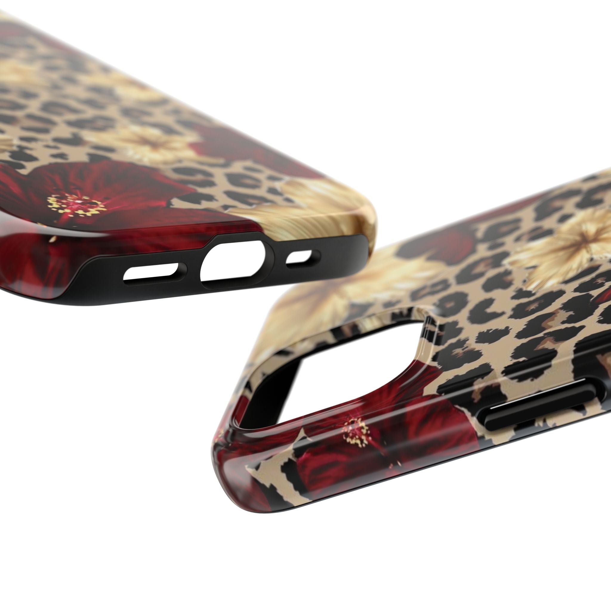 Floral Leopard Tough Phone Case — Red & Gold Hibiscus Protective Phone Cover