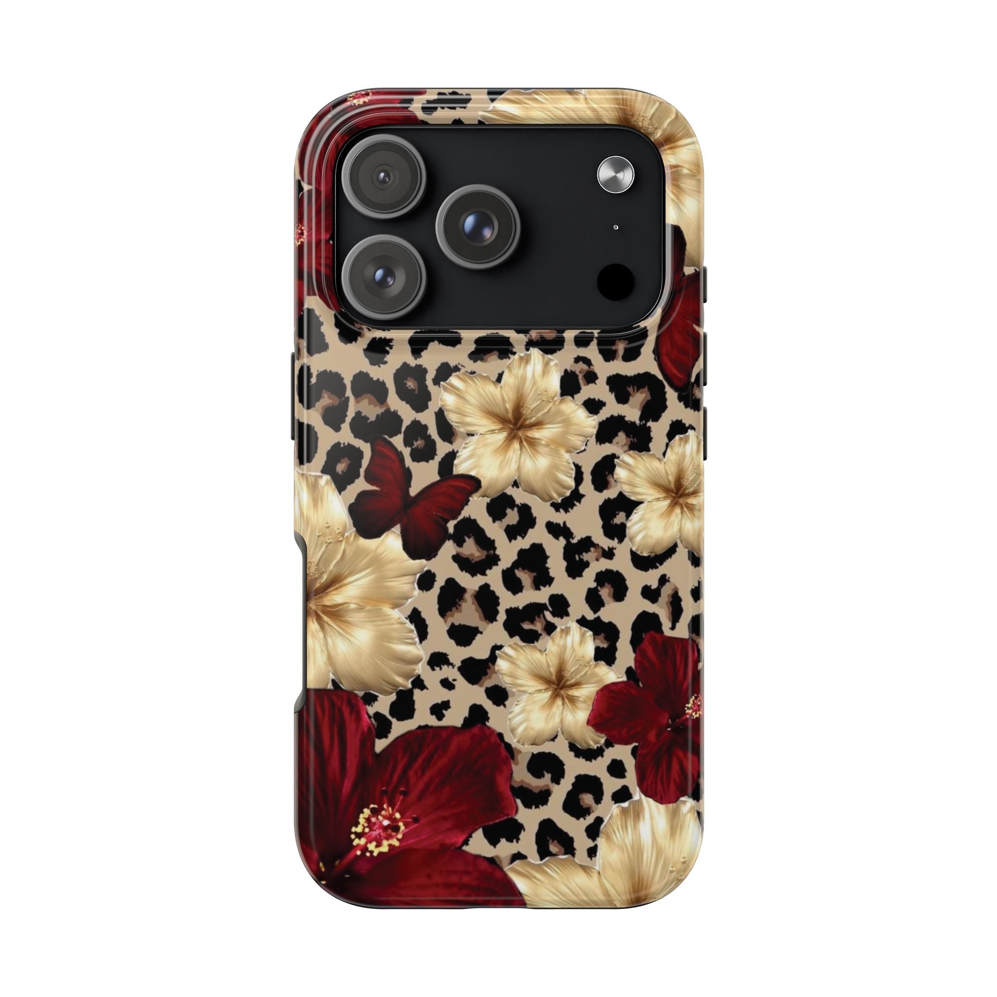 Floral Leopard Tough Phone Case — Red & Gold Hibiscus Protective Phone Cover