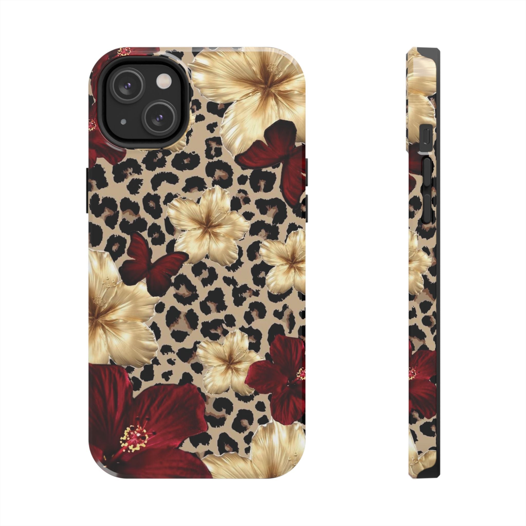 Floral Leopard Tough Phone Case — Red & Gold Hibiscus Protective Phone Cover