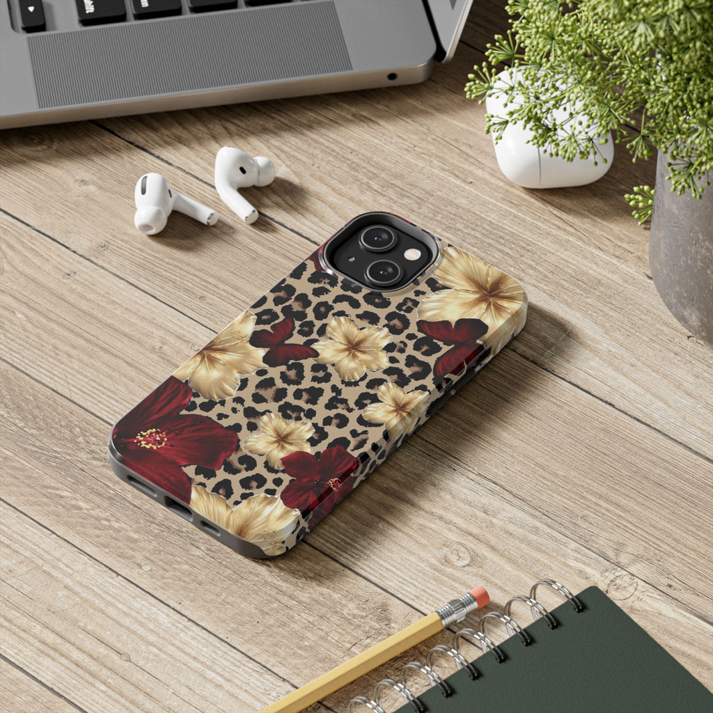 Floral Leopard Tough Phone Case — Red & Gold Hibiscus Protective Phone Cover