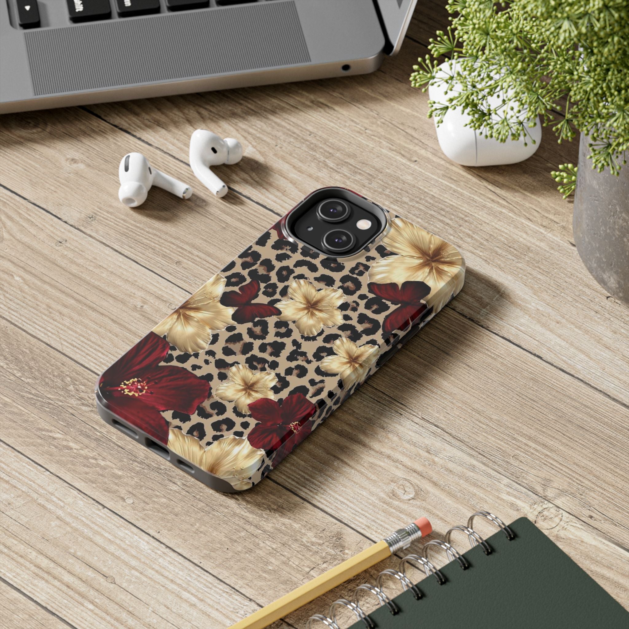 Floral Leopard Tough Phone Case — Red & Gold Hibiscus Protective Phone Cover