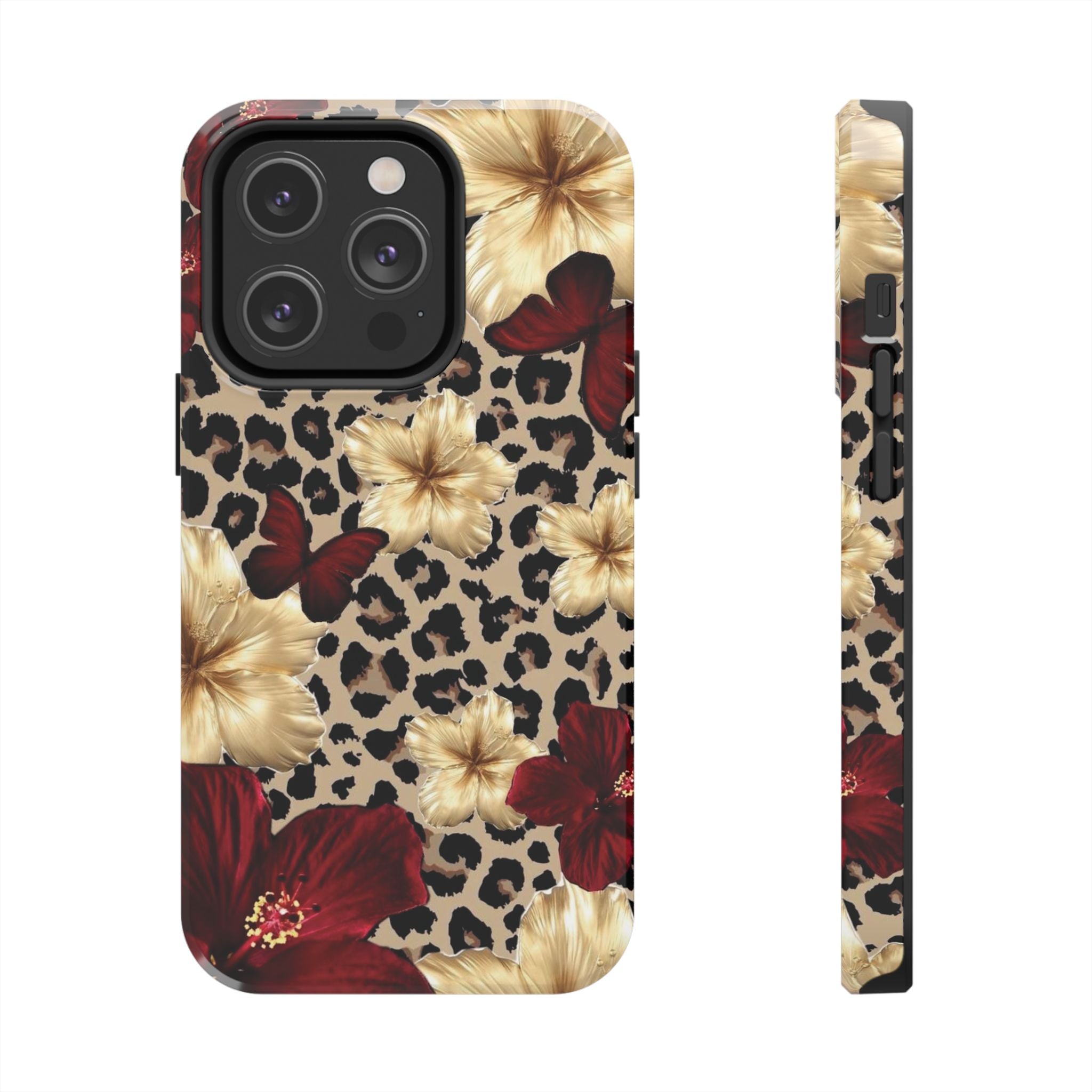 Floral Leopard Tough Phone Case — Red & Gold Hibiscus Protective Phone Cover