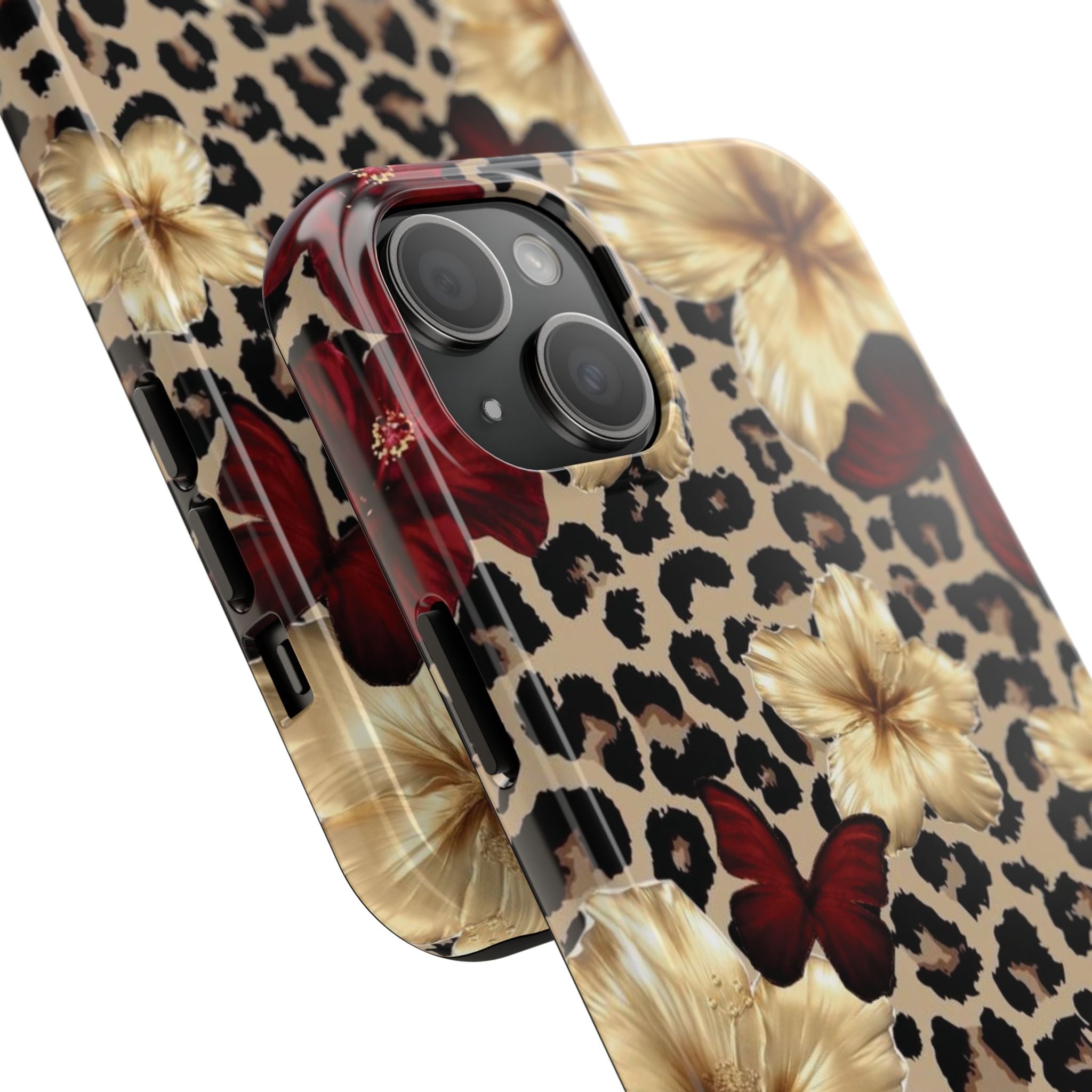 Floral Leopard Tough Phone Case — Red & Gold Hibiscus Protective Phone Cover
