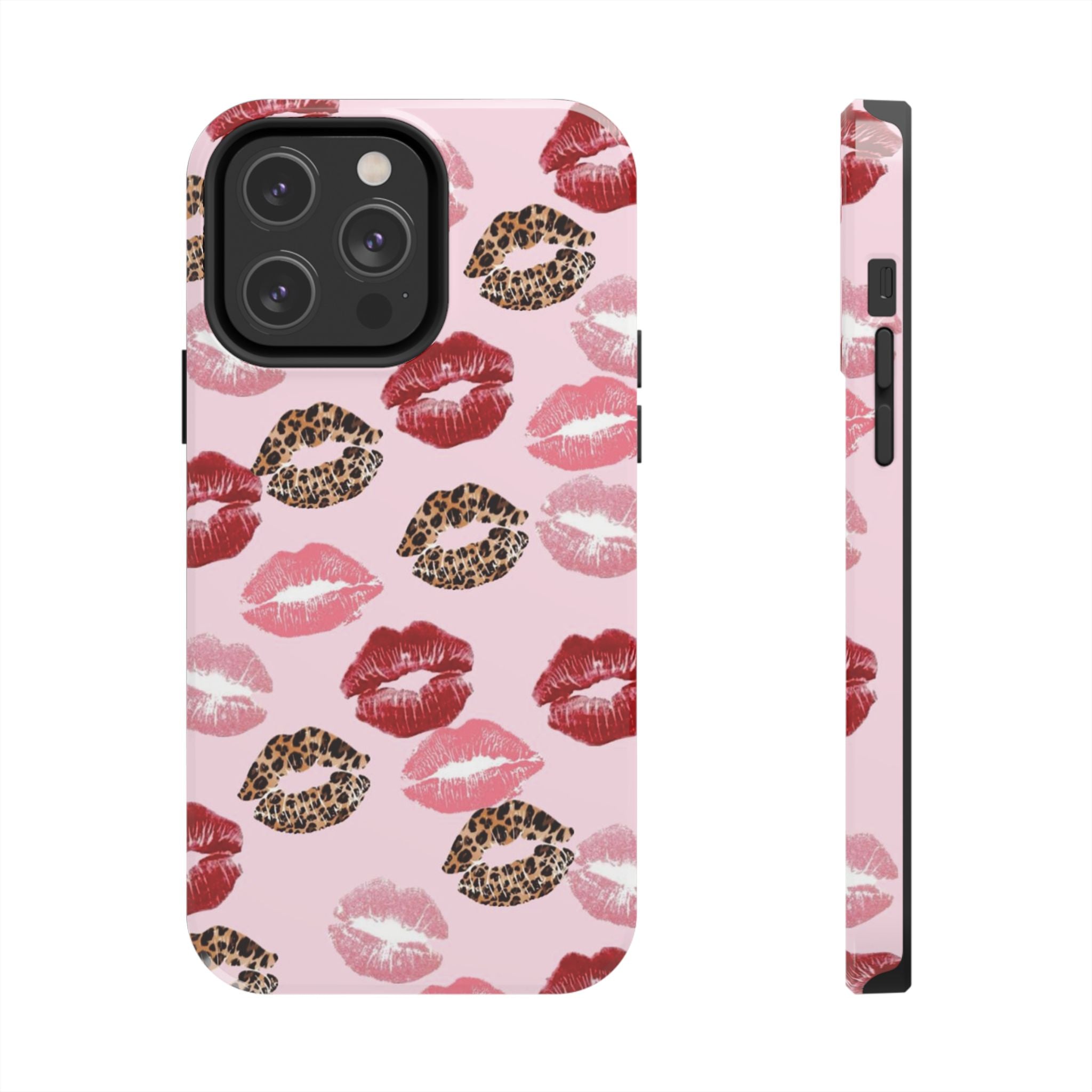Kiss Print Tough Phone Case — Pink Leopard Lip Pattern, Durable Protective Cover