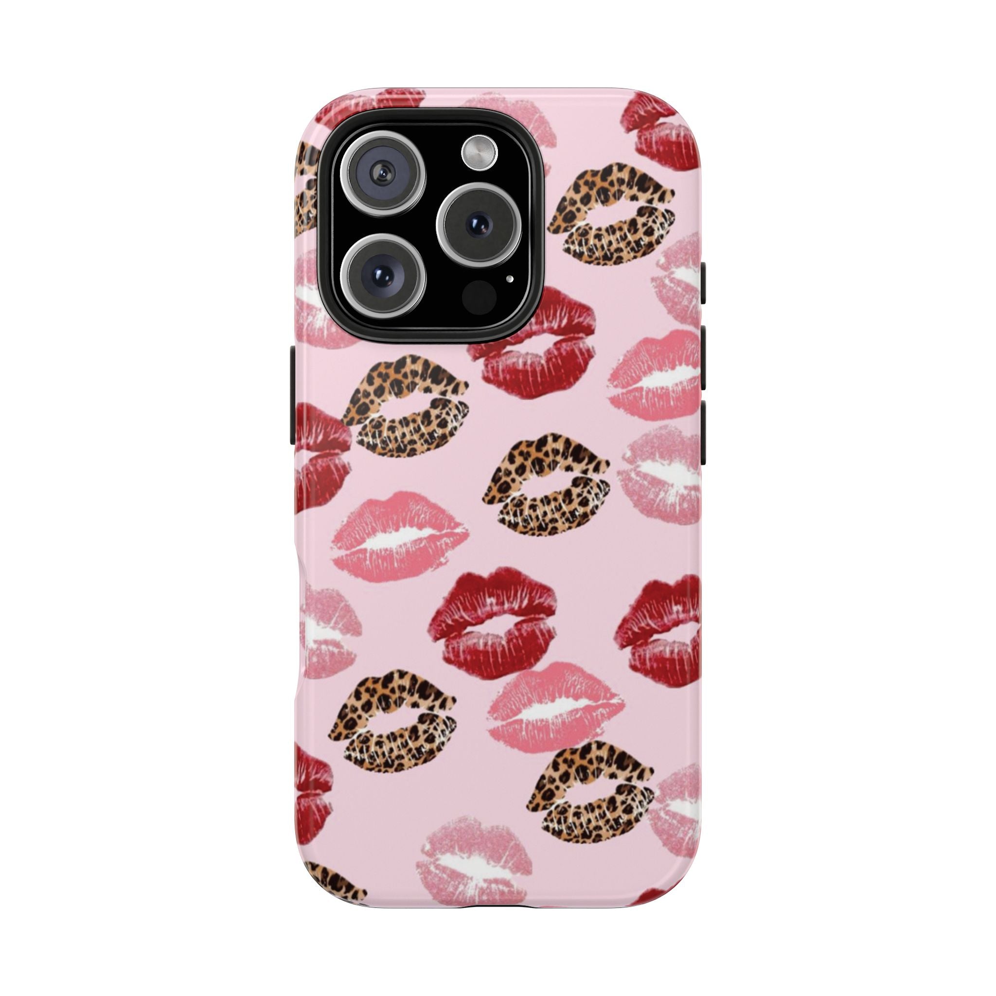 Kiss Print Tough Phone Case — Pink Leopard Lip Pattern, Durable Protective Cover