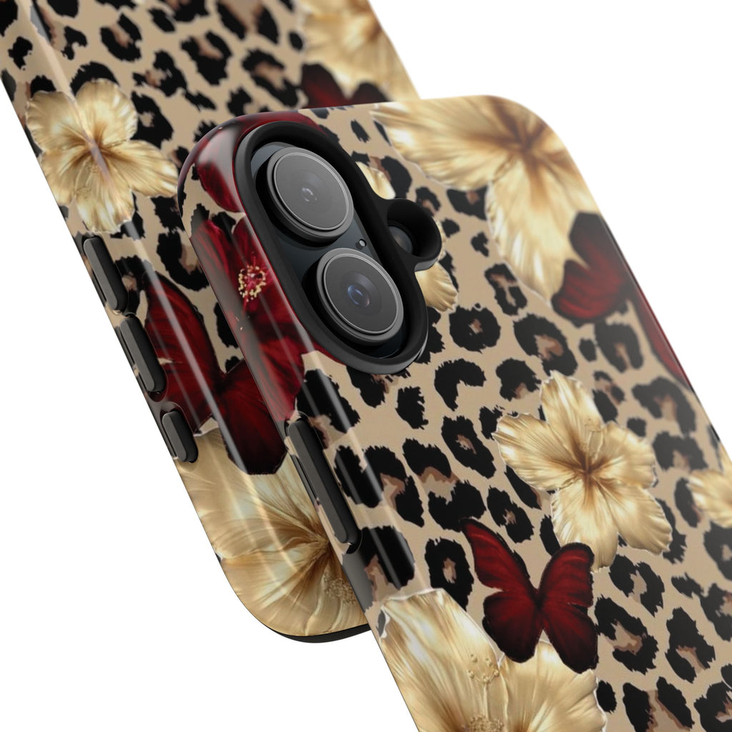 Floral Leopard Tough Phone Case — Red & Gold Hibiscus Protective Phone Cover