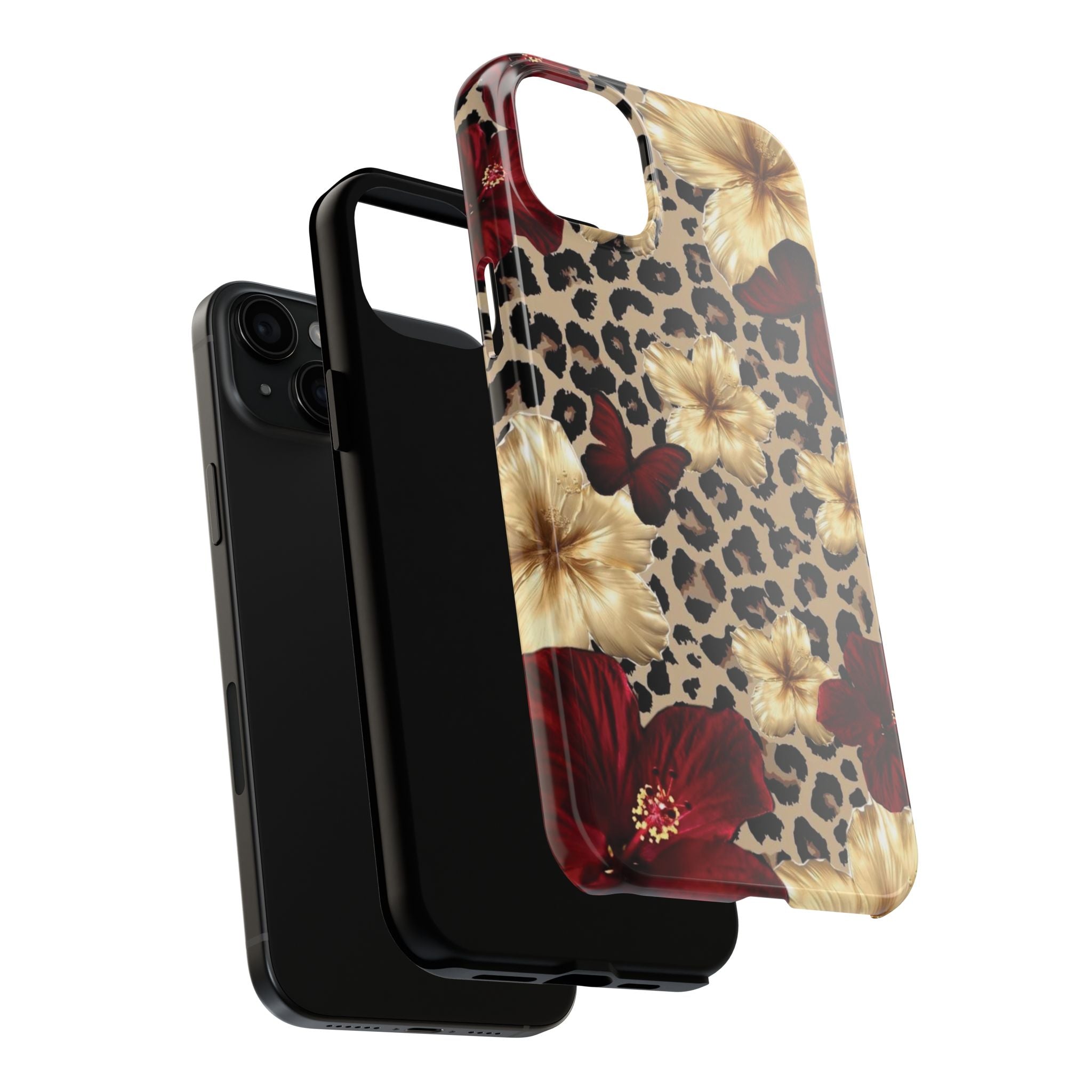 Floral Leopard Tough Phone Case — Red & Gold Hibiscus Protective Phone Cover