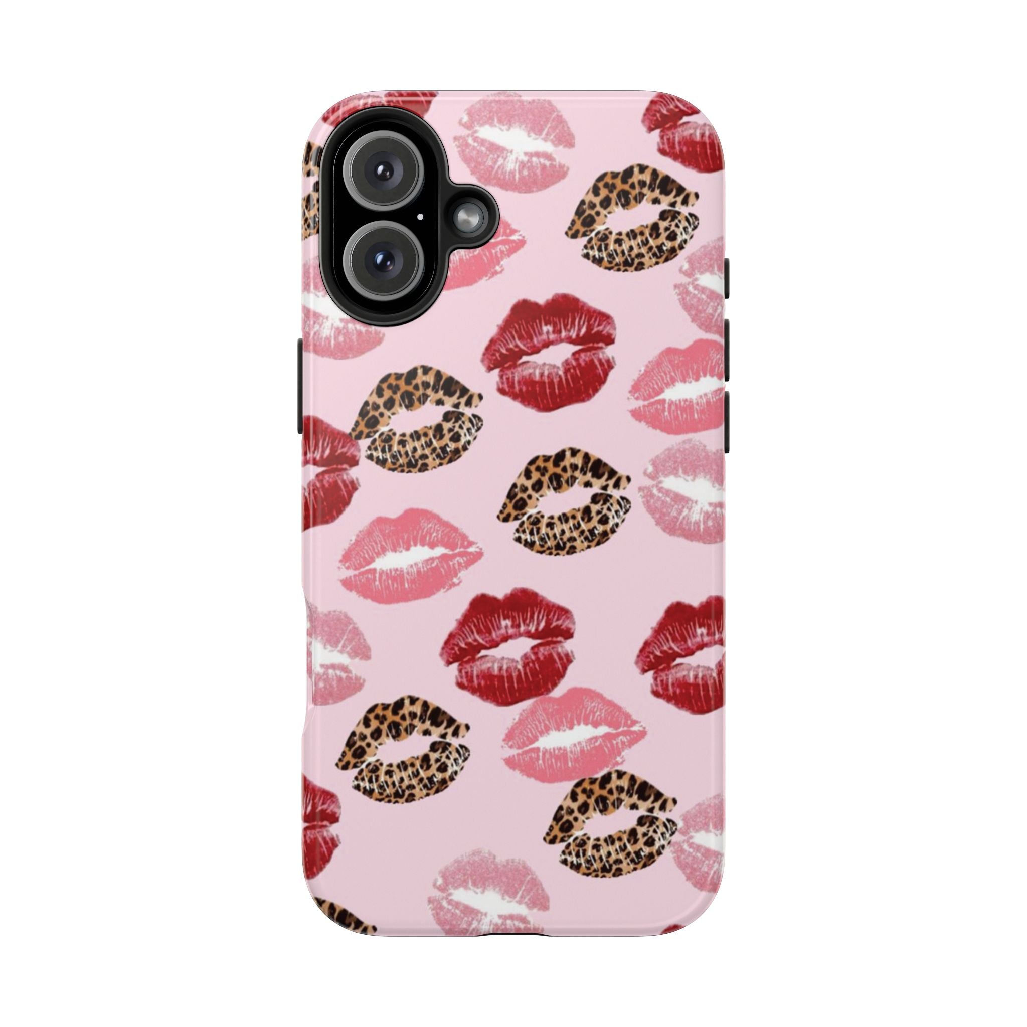 Kiss Print Tough Phone Case — Pink Leopard Lip Pattern, Durable Protective Cover
