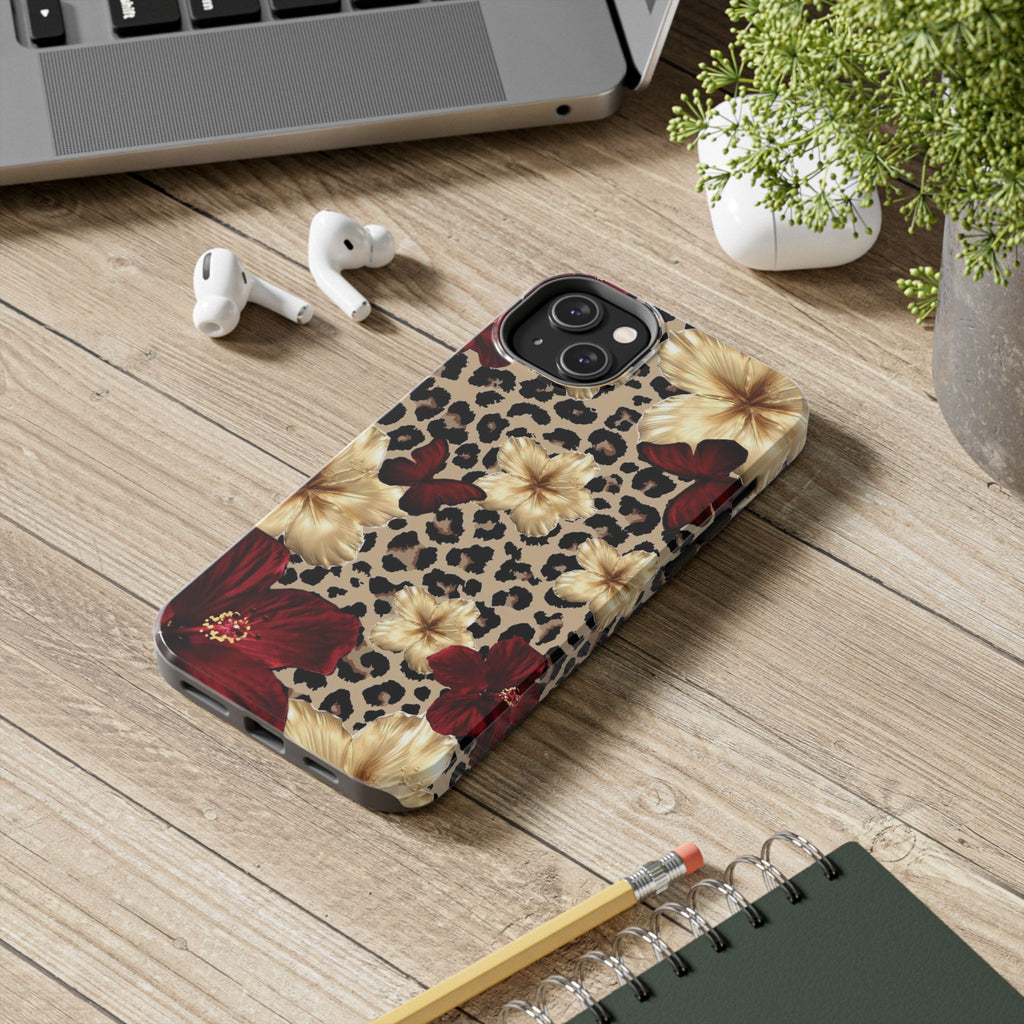 Floral Leopard Tough Phone Case — Red & Gold Hibiscus Protective Phone Cover