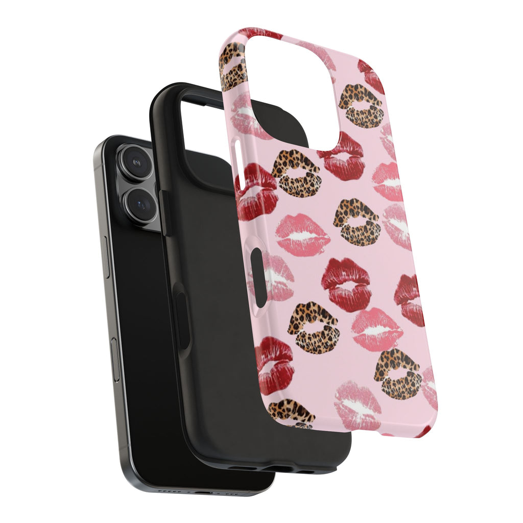 Kiss Print Tough Phone Case — Pink Leopard Lip Pattern, Durable Protective Cover
