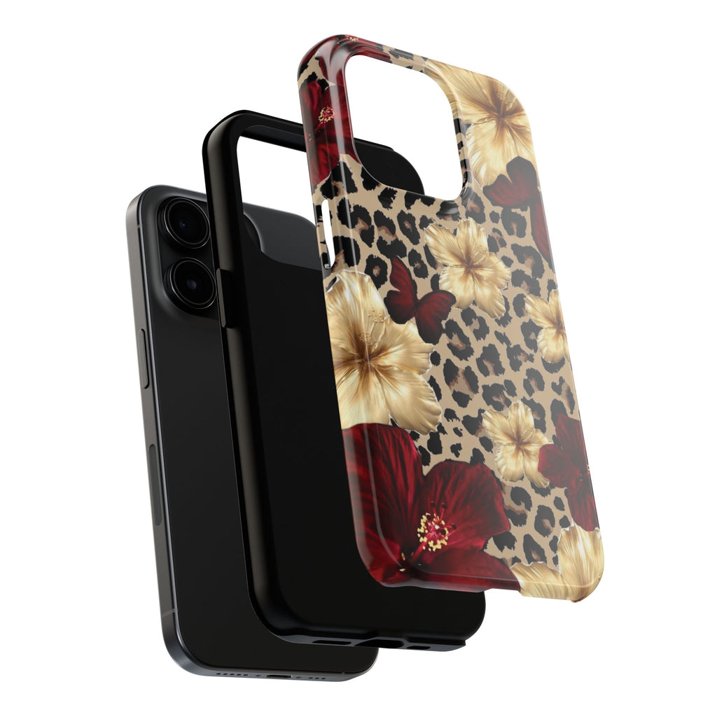 Floral Leopard Tough Phone Case — Red & Gold Hibiscus Protective Phone Cover