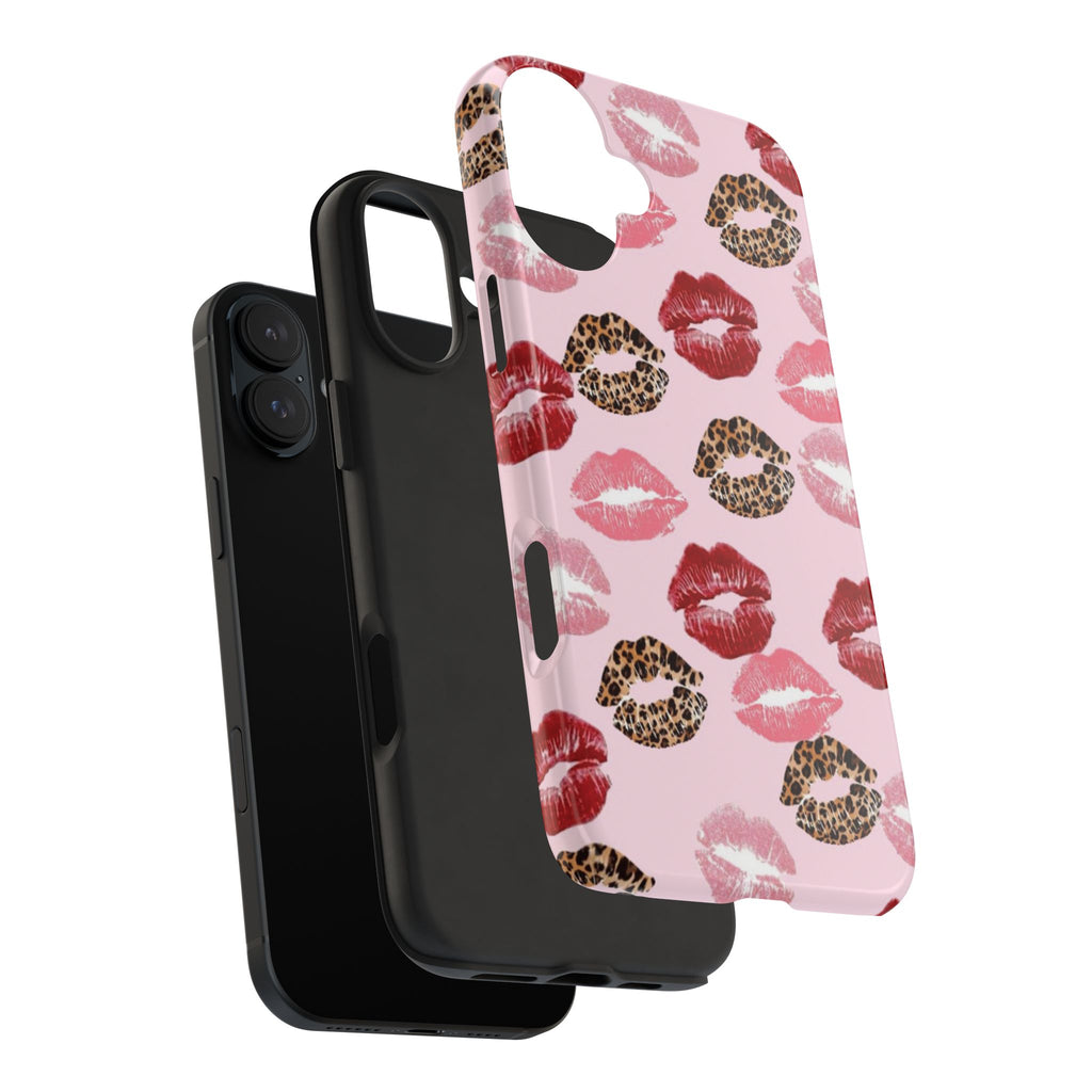 Kiss Print Tough Phone Case — Pink Leopard Lip Pattern, Durable Protective Cover