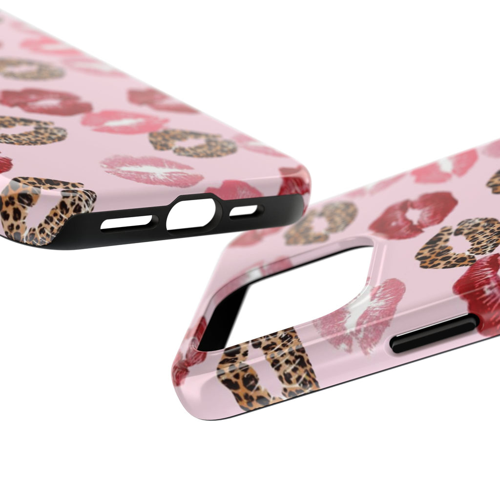 Kiss Print Tough Phone Case — Pink Leopard Lip Pattern, Durable Protective Cover