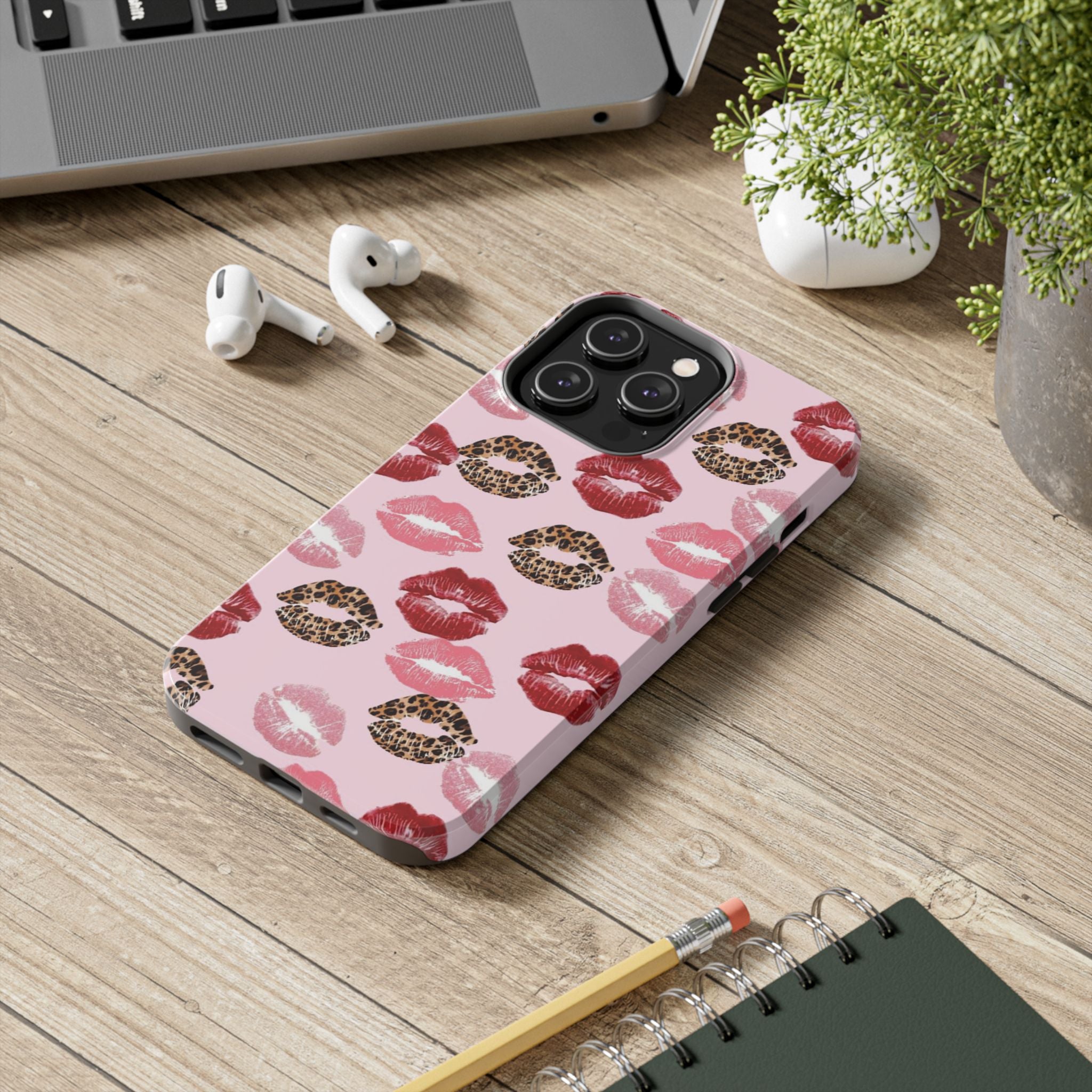Kiss Print Tough Phone Case — Pink Leopard Lip Pattern, Durable Protective Cover