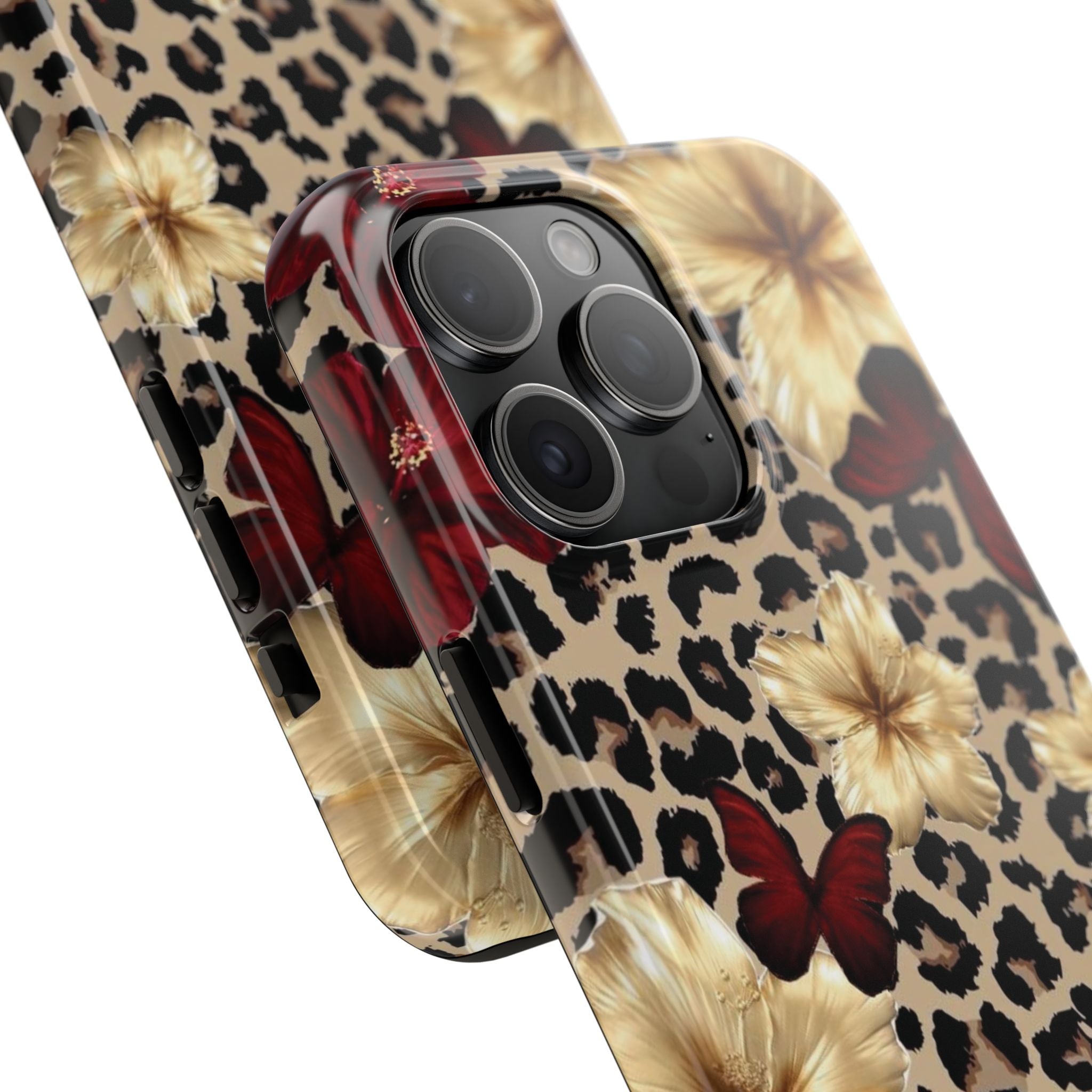 Floral Leopard Tough Phone Case — Red & Gold Hibiscus Protective Phone Cover