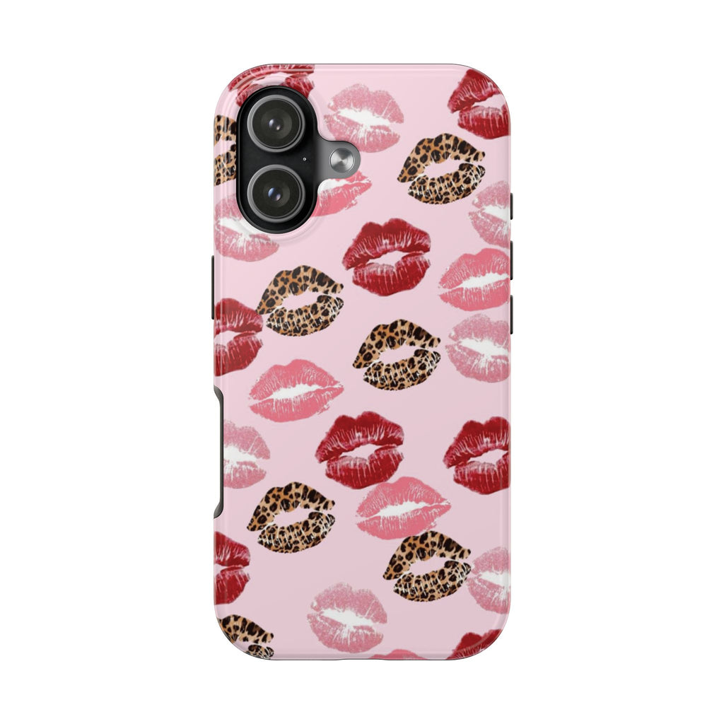 Kiss Print Tough Phone Case — Pink Leopard Lip Pattern, Durable Protective Cover
