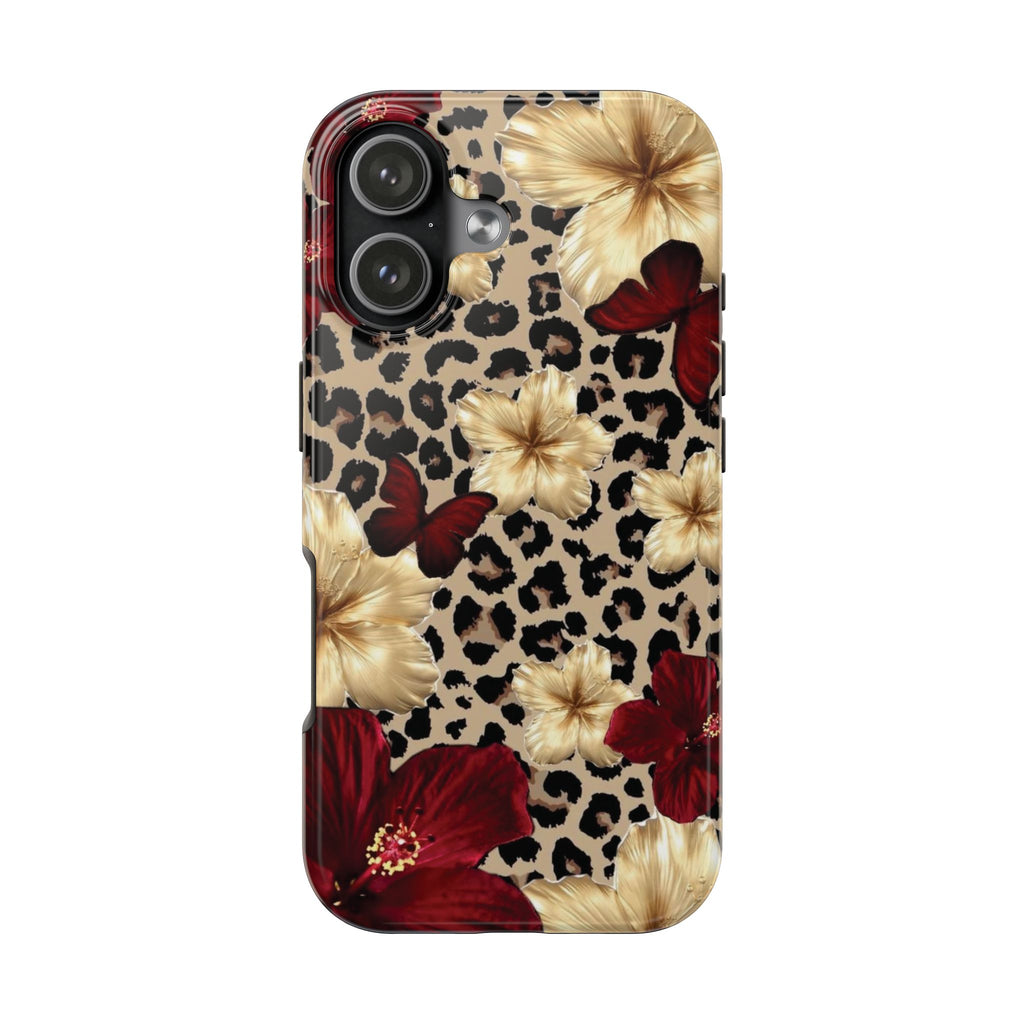 Floral Leopard Tough Phone Case — Red & Gold Hibiscus Protective Phone Cover