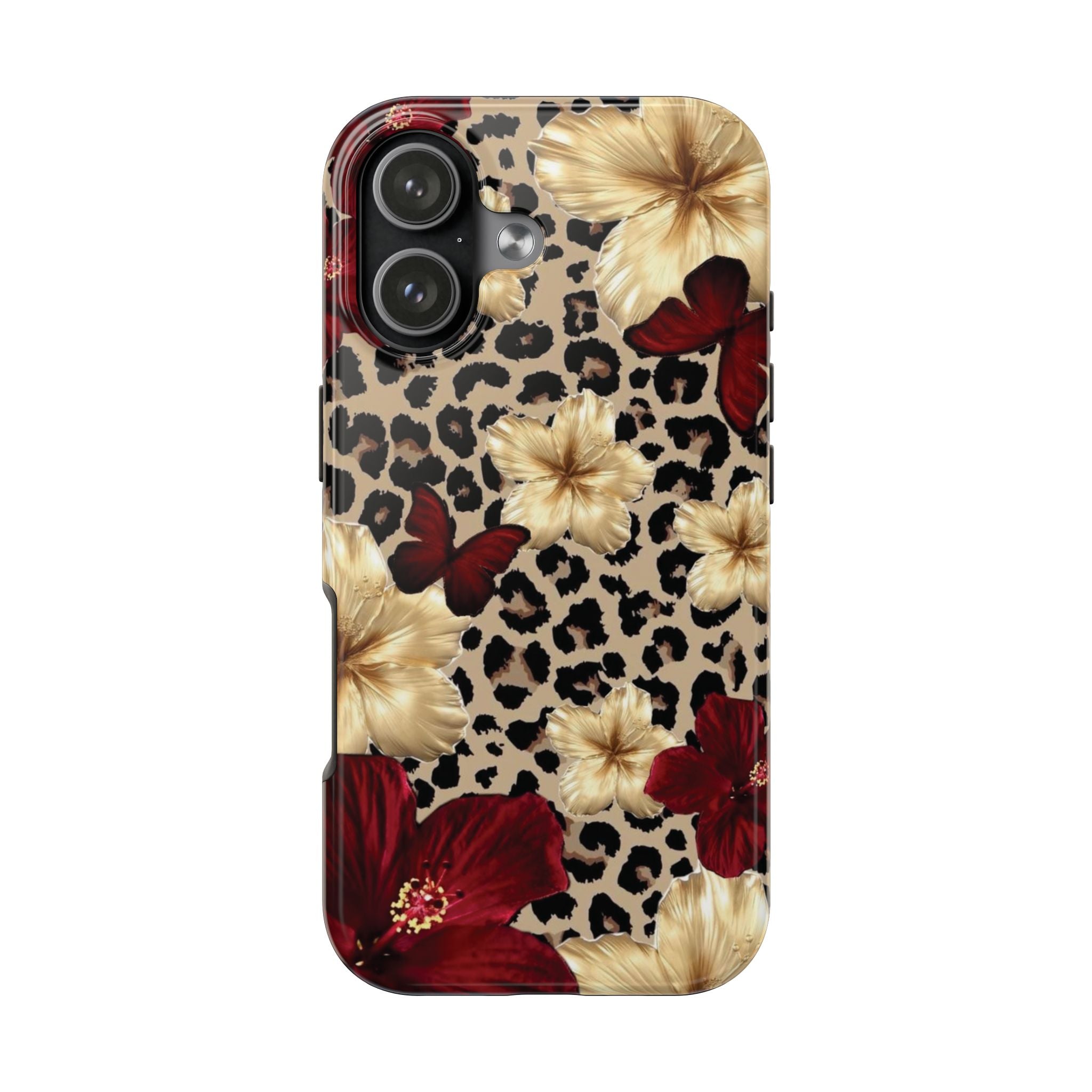 Floral Leopard Tough Phone Case — Red & Gold Hibiscus Protective Phone Cover