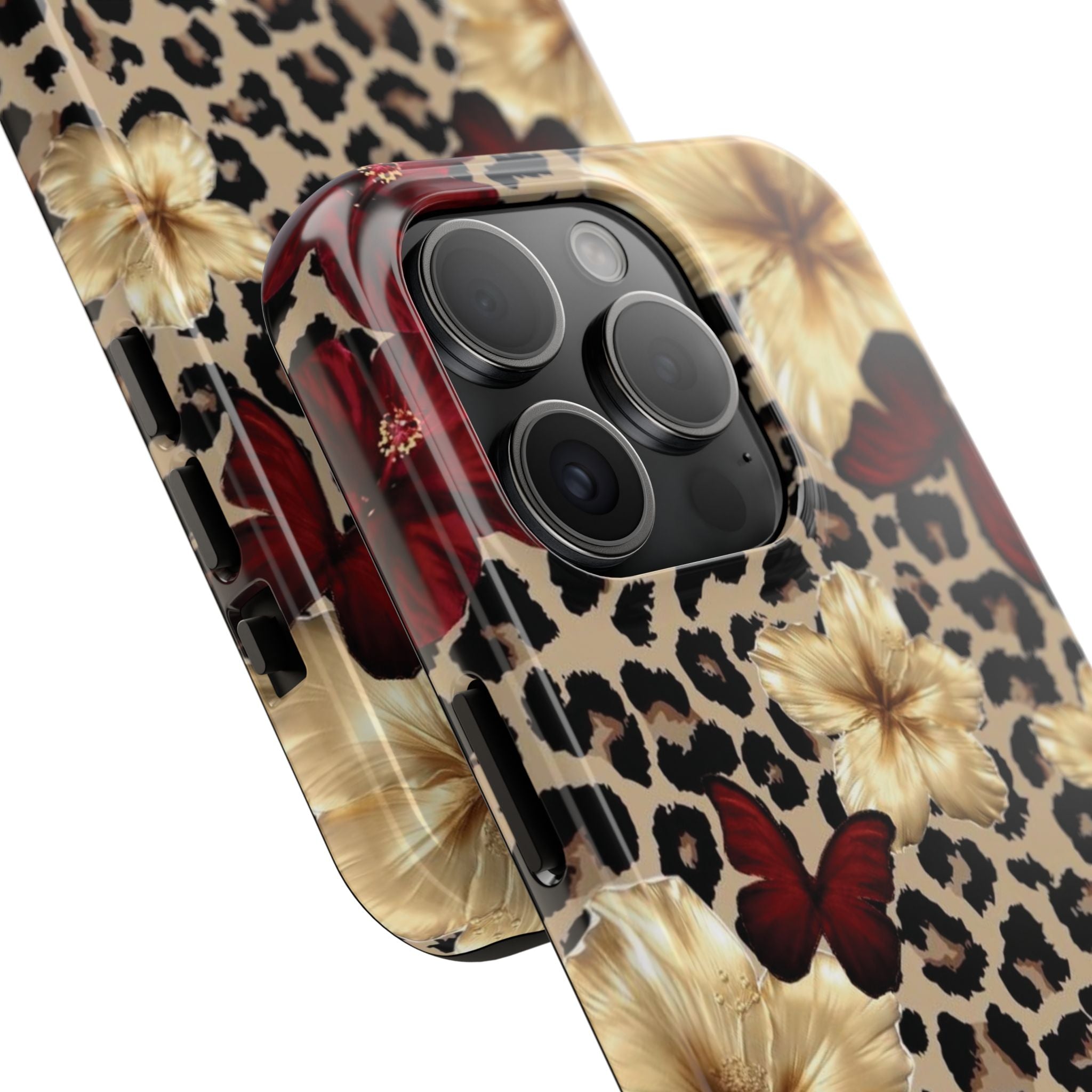 Floral Leopard Tough Phone Case — Red & Gold Hibiscus Protective Phone Cover