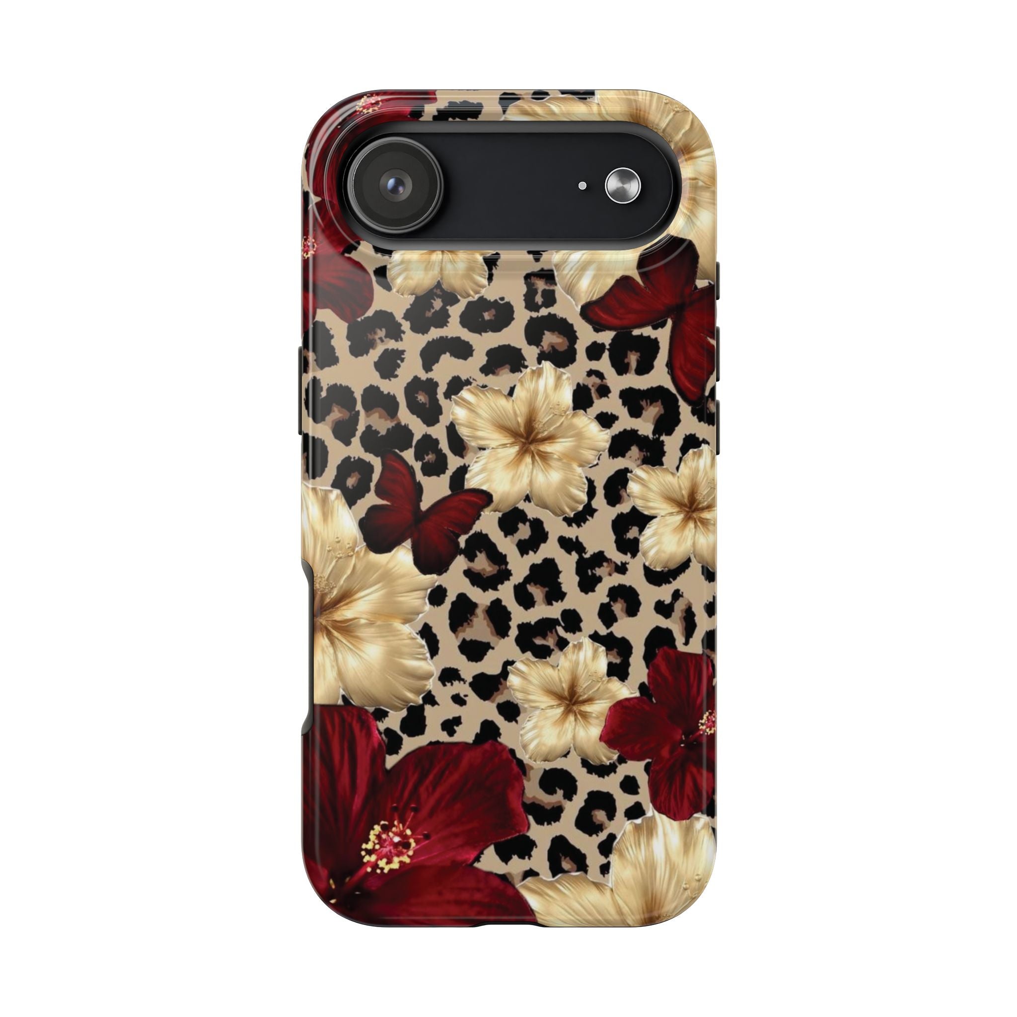 Floral Leopard Tough Phone Case — Red & Gold Hibiscus Protective Phone Cover