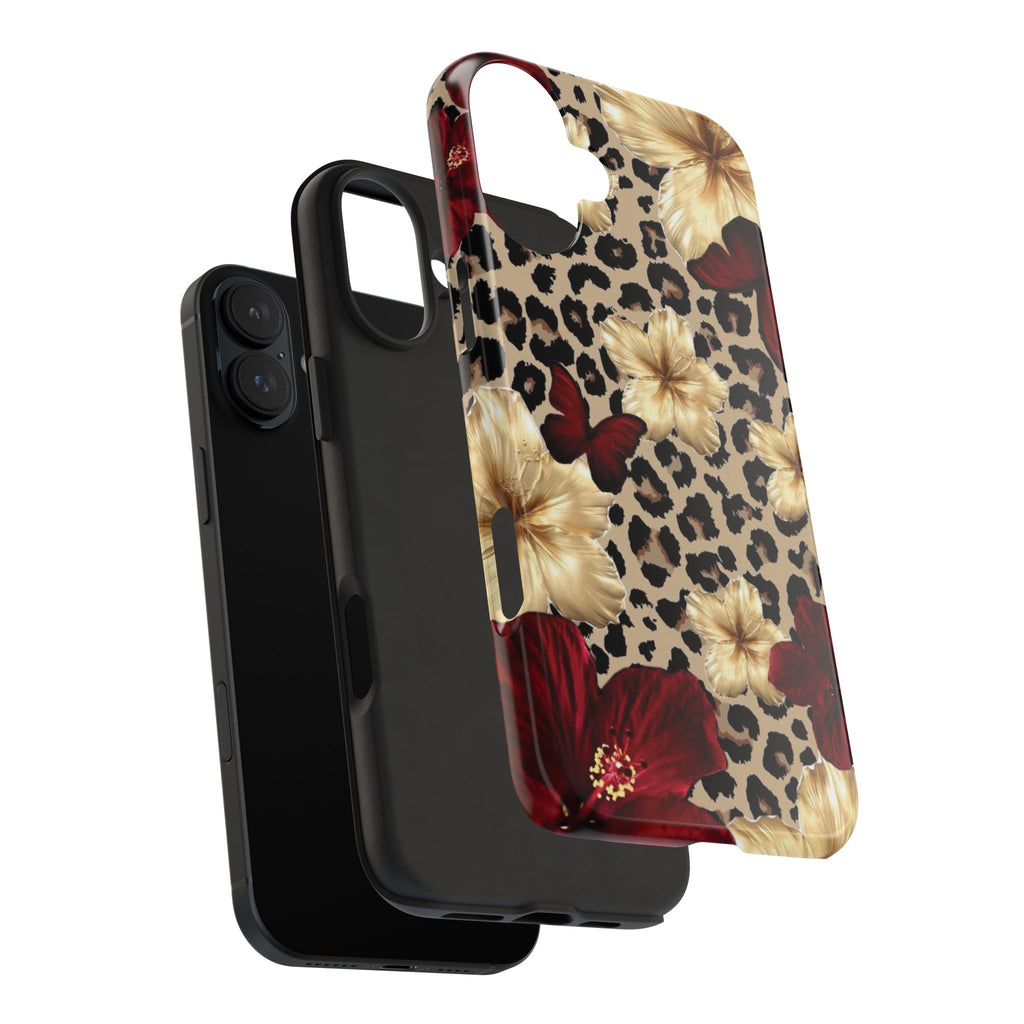 Floral Leopard Tough Phone Case — Red & Gold Hibiscus Protective Phone Cover